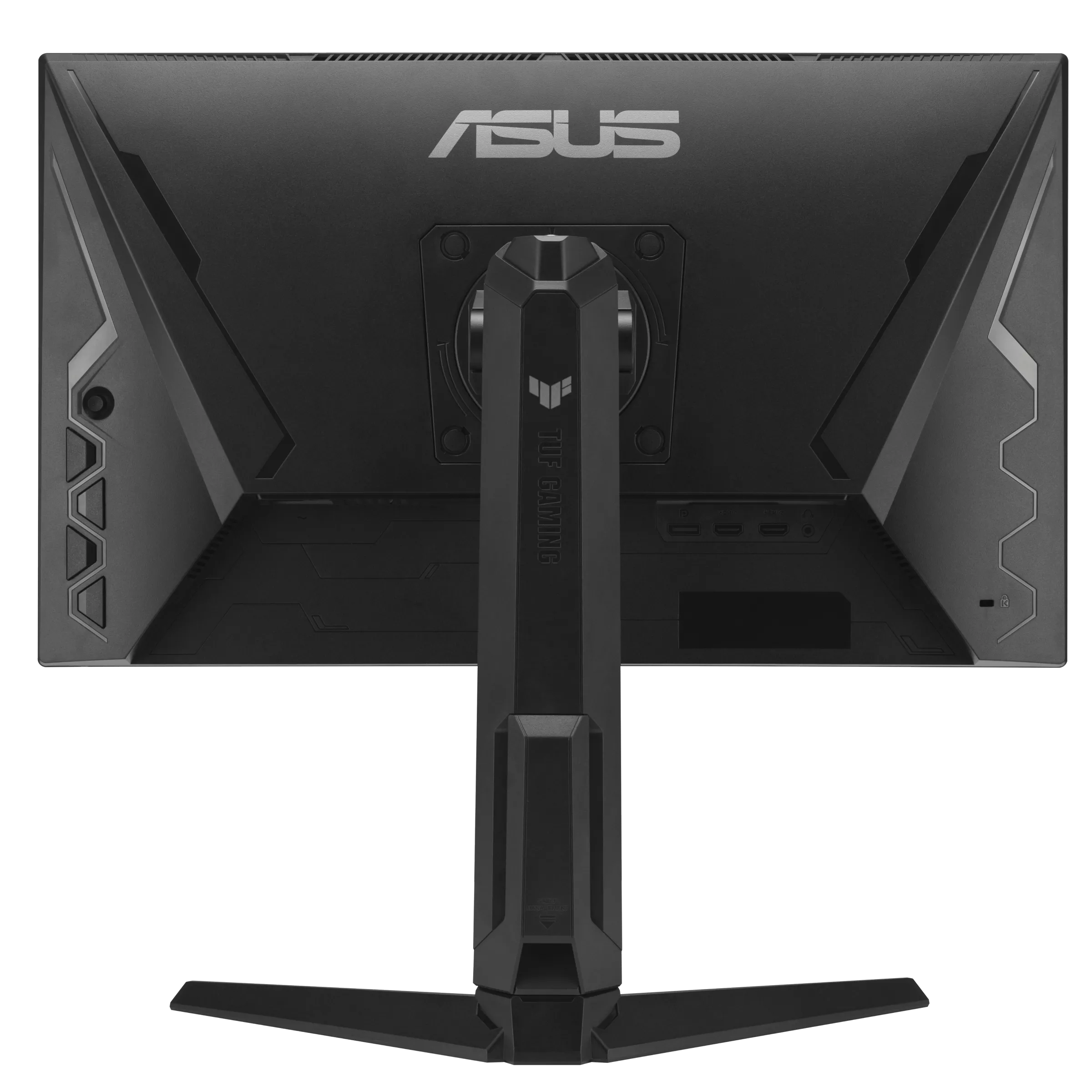 Egy fekete Asus gamer monitor hátulnézete, Asus logóval és TUF Gaming felirattal.