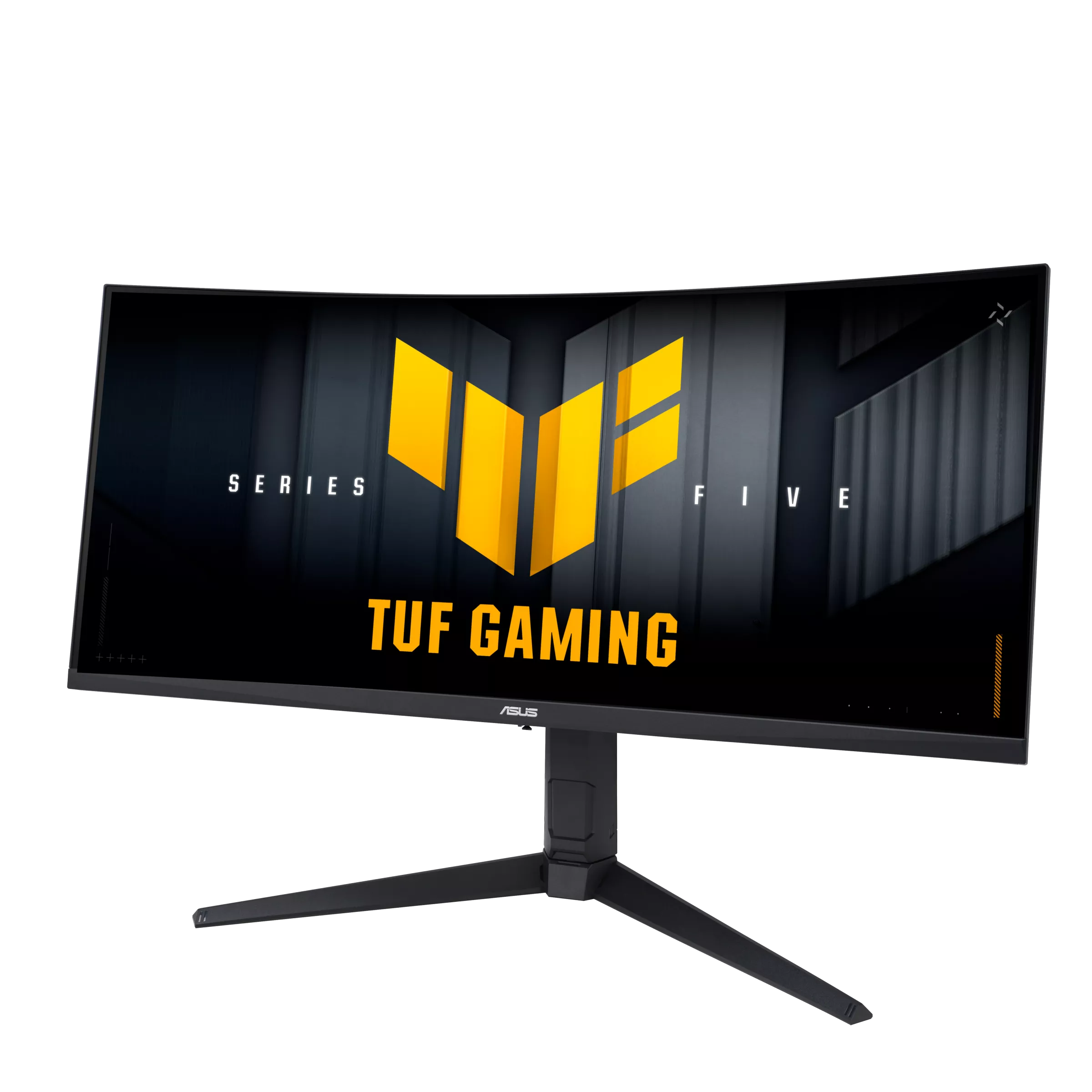 Ívelt gamer monitor sárga TUF logóval és felirattal.