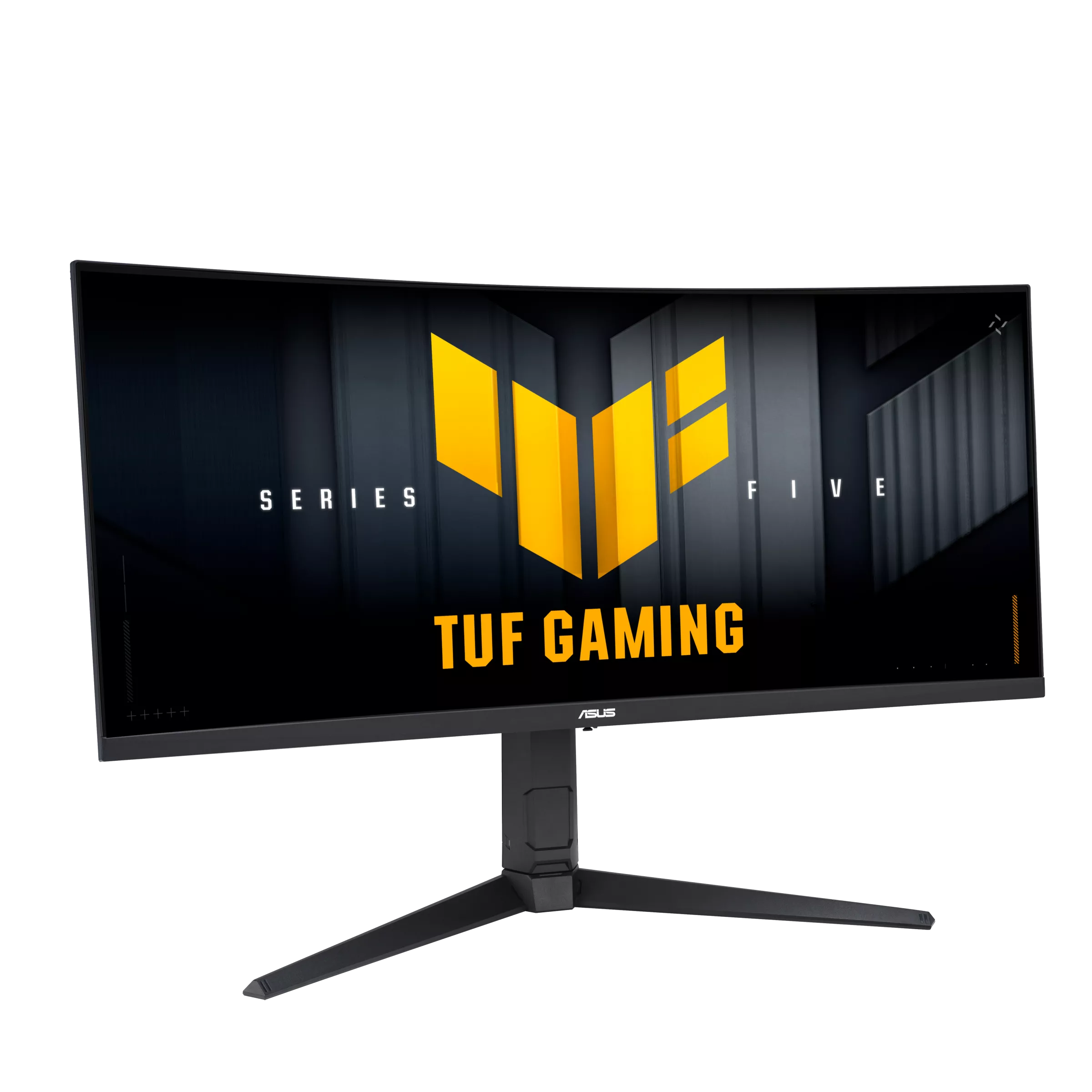 Ívelt gamer monitor sárga ASUS TUF logóval fekete háttéren.
