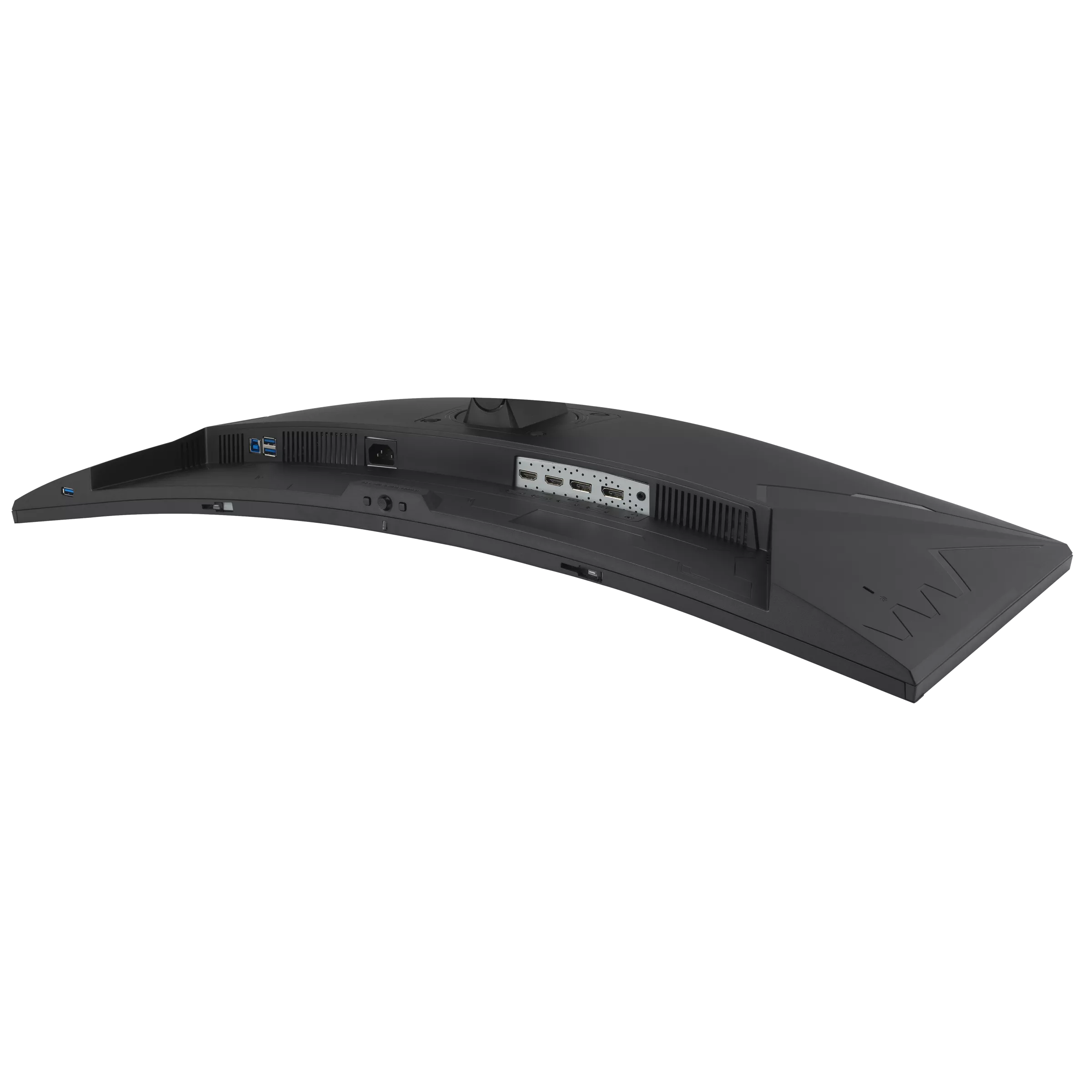 Fekete monitor hátulja, USB, HDMI és tápcsatlakozókkal.