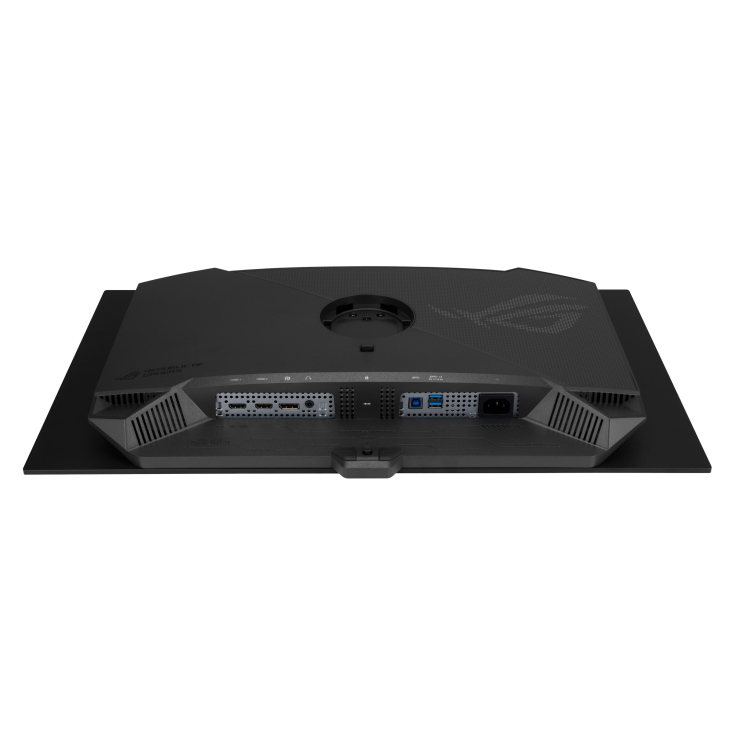 Egy fekete monitor hátulja, HDMI, USB és tápcsatlakozókkal.