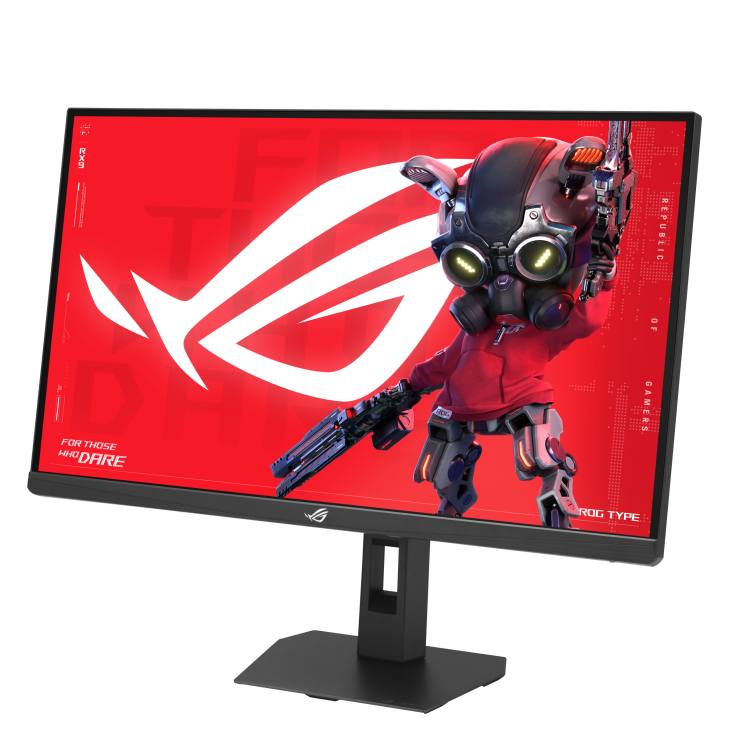 Egy futurisztikus karakter gázmaszkban és fegyverekkel ROG monitoron.