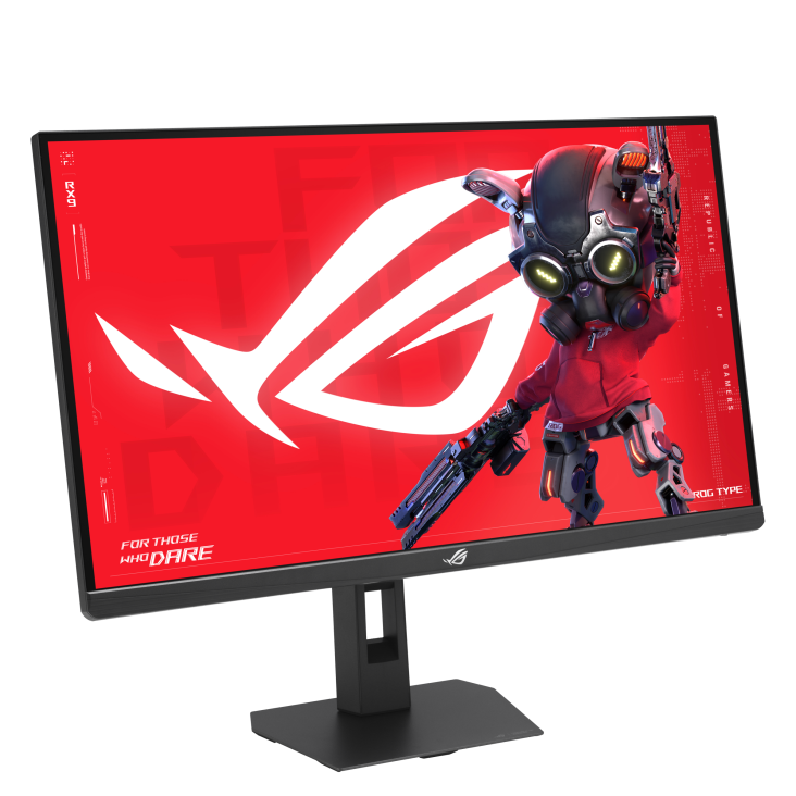 ROG monitor piros háttérrel, ROG logóval és fegyveres rajzfilmfigurával.