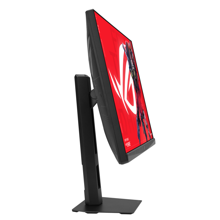 Egy gamer monitor piros ROG logóval és figurával, fekete háttér előtt.