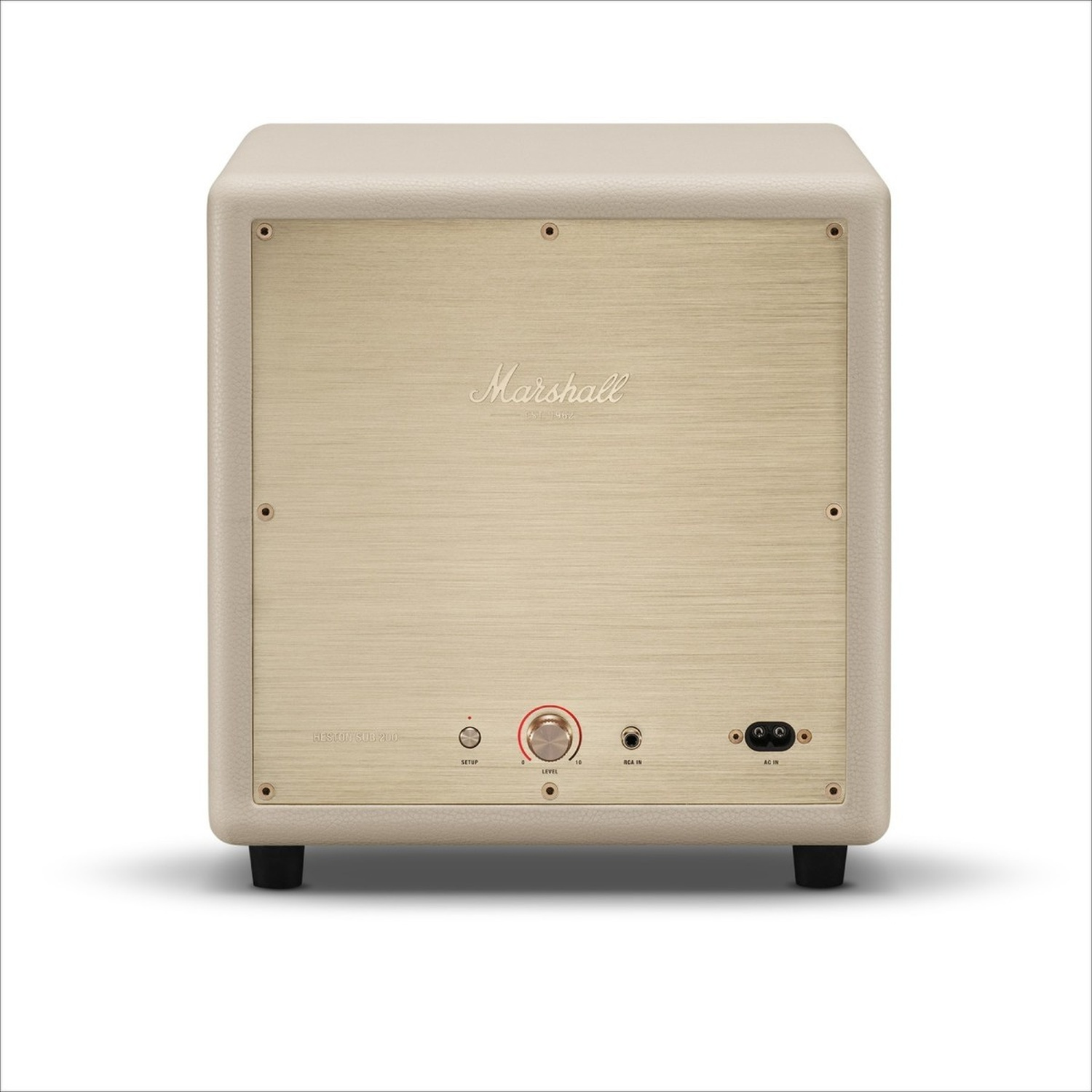 Retro di un subwoofer Marshall color crema con piastra metallica dorata e porte.