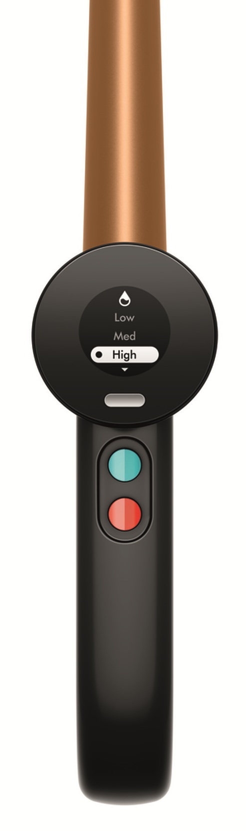 Brązowa lokówka z czarnym uchwytem i okrągłym wyświetlaczem pokazującym ustawienia.