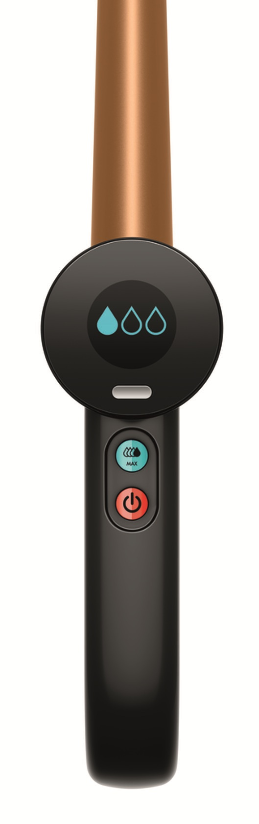 Brązowy pręt z czarną rączką. Wyświetlacz pokazuje trzy krople wody.