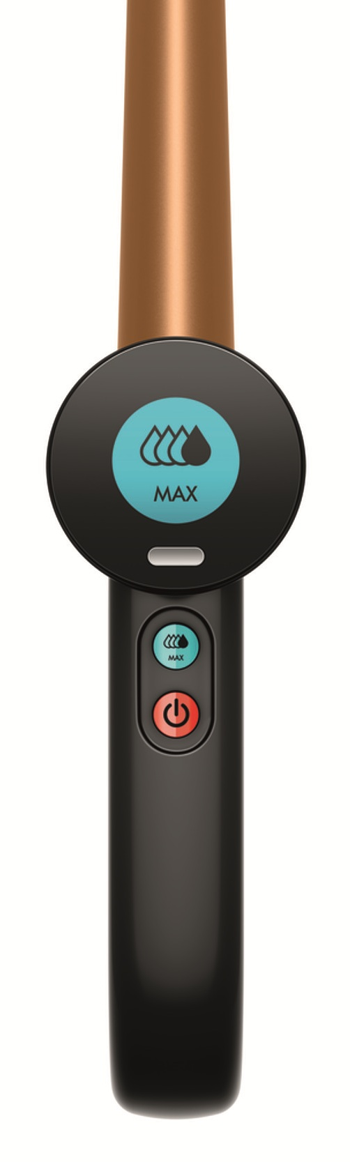 Brązowy pręt z czarnym uchwytem i cyfrowymi wyświetlaczami.