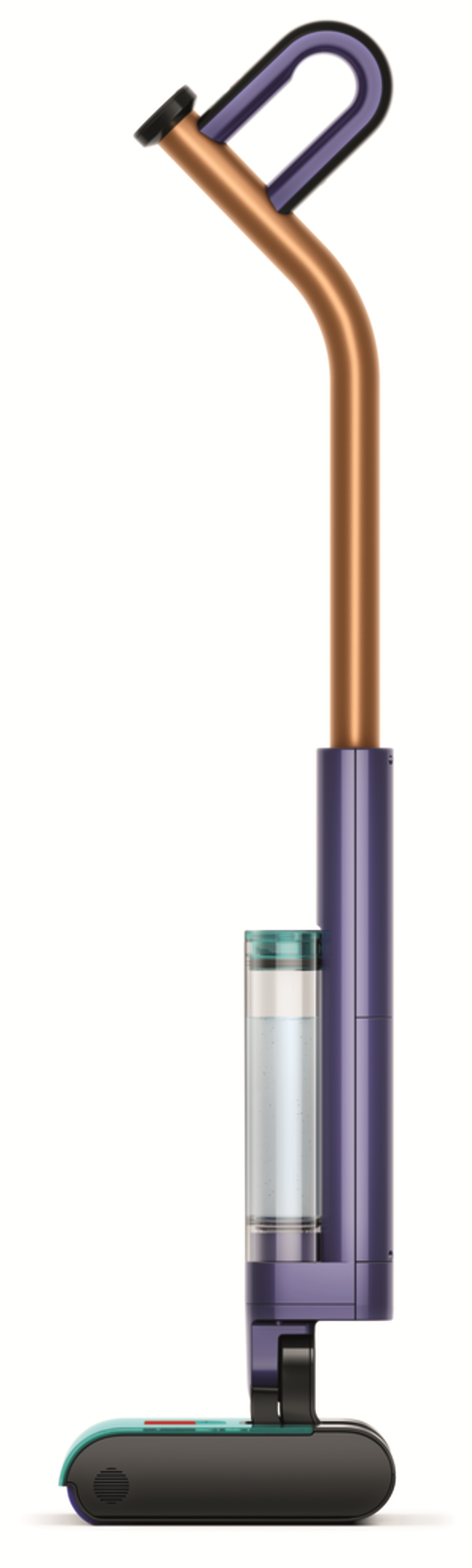 Fioletowy czyścik do podłóg z miedzianą rączką i przezroczystym zbiornikiem na wodę.