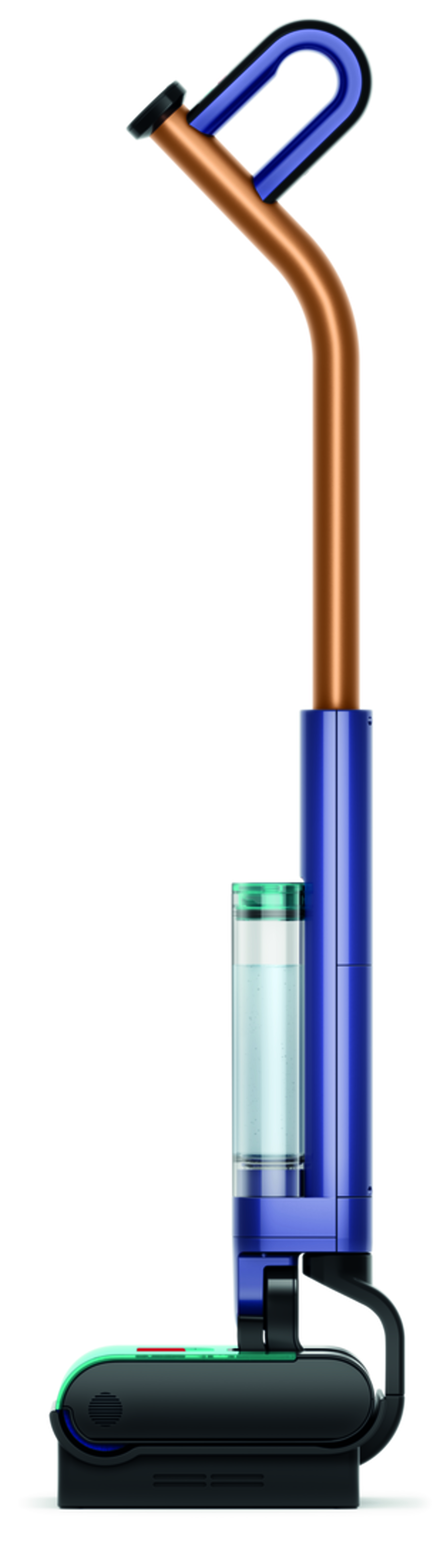 Nowoczesny odkurzacz z niebieskim uchwytem, złotą rurą i zbiornikiem wody.