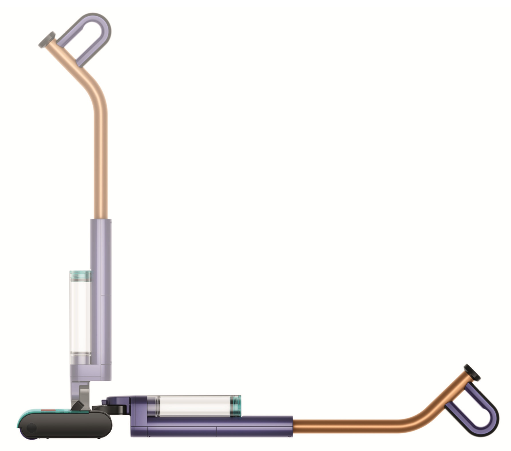 Fioletowy i brązowy odkurzacz do podłóg z przezroczystymi zbiornikami.