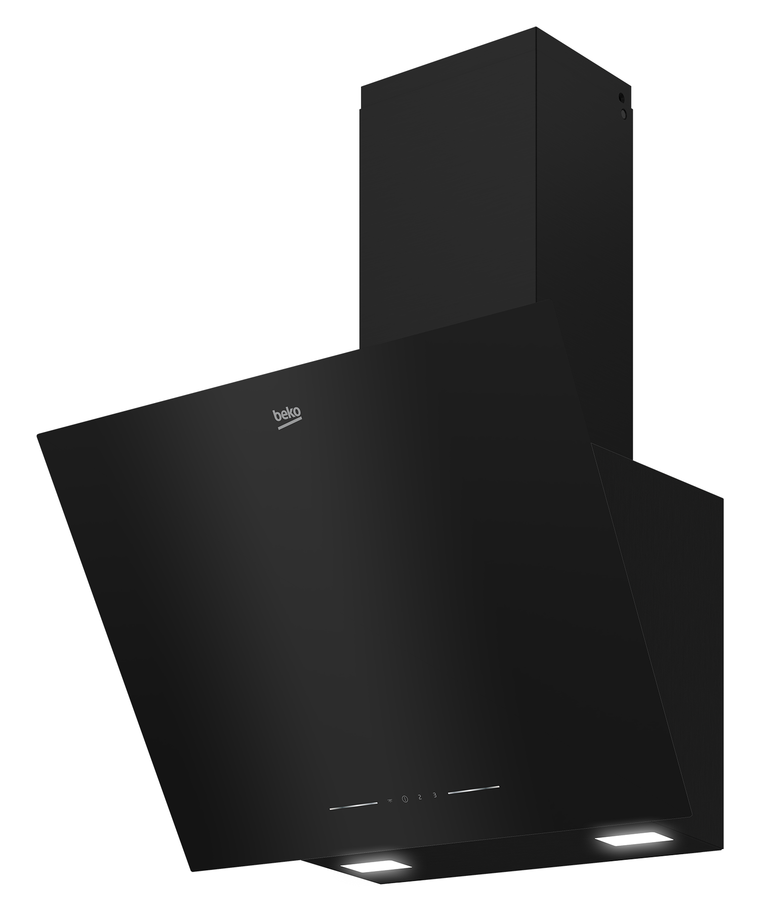Czarna okap Beko z logo i panelami dotykowymi.