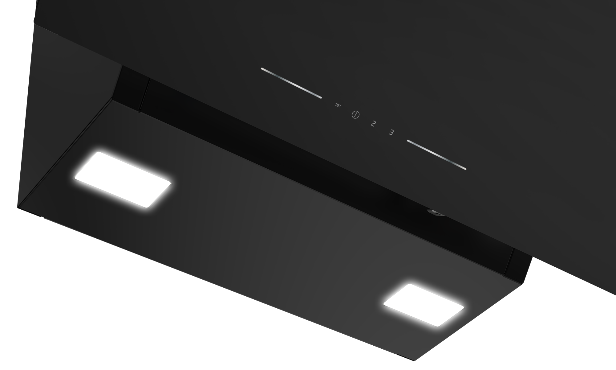 Czarny okap kuchenny z podświetlanymi światłami i sterowaniem dotykowym.