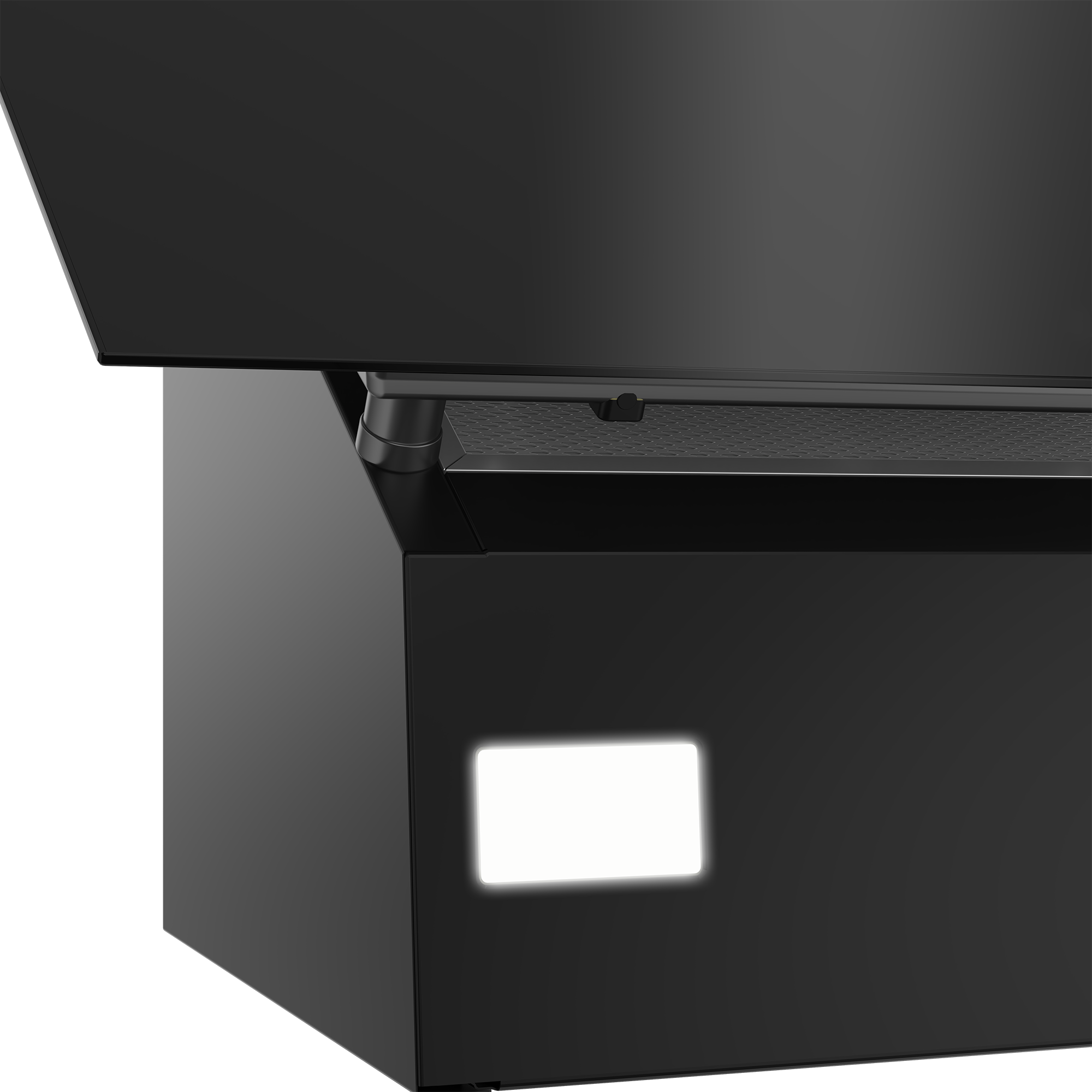 Czarna lodówka ze świecącym prostokątnym światłem.