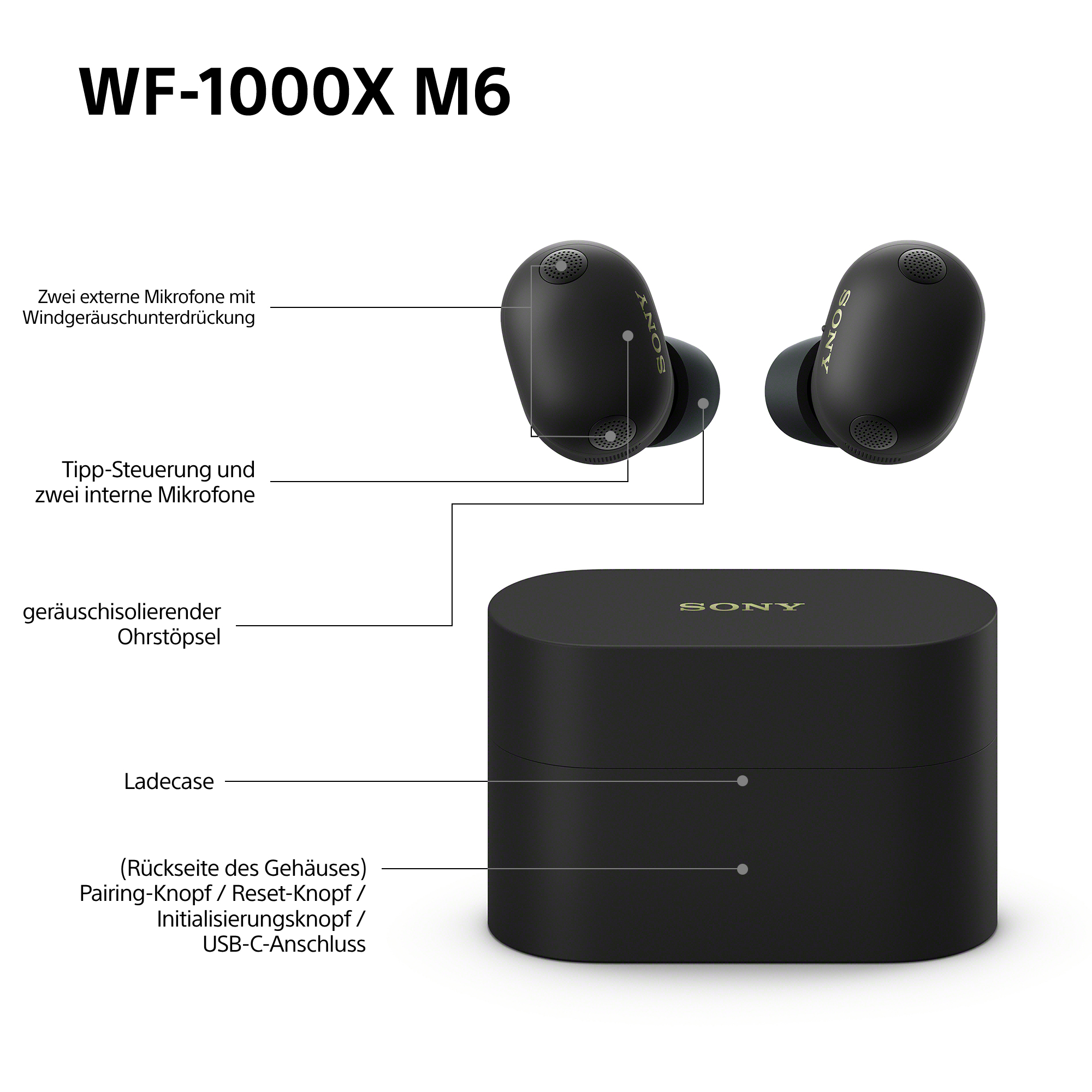 Sony WF-1000X M6 Kopfhörer und Ladecase mit Beschriftungen.