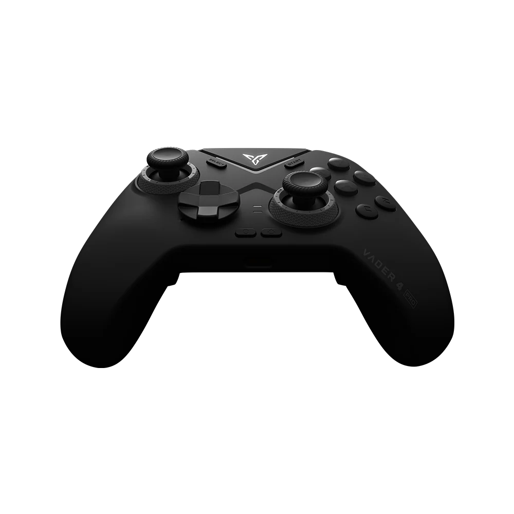 Czarny kontroler do gier z dwoma joystickami i przyciskami na czarnym tle.