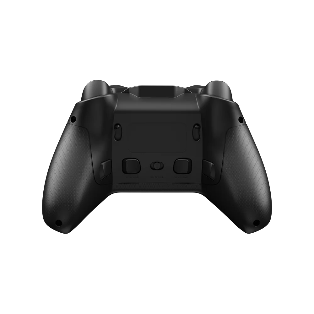Tył czarnego kontrolera do gier z teksturowanymi uchwytami.