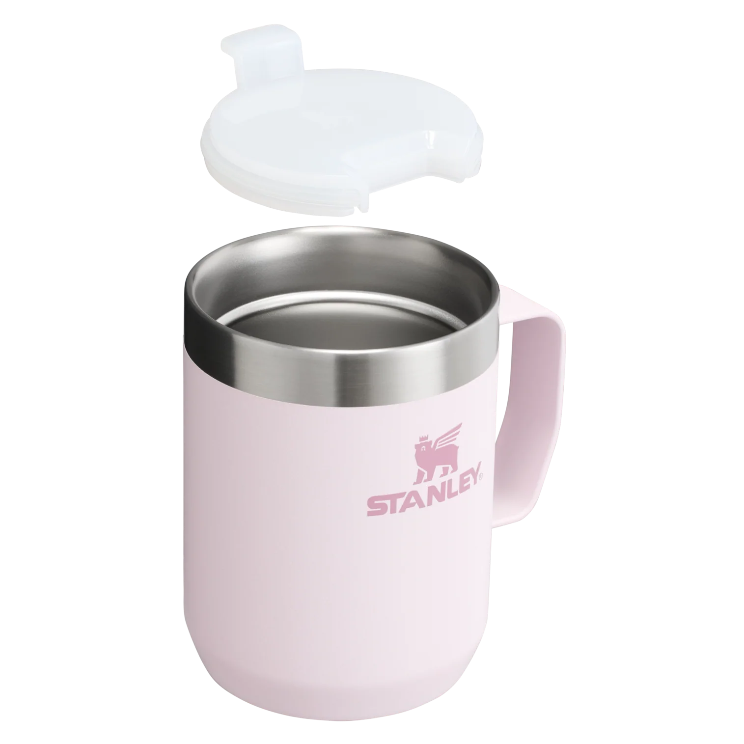 Gümüş kenarlı ve beyaz kapaklı pembe bir Stanley kupa.