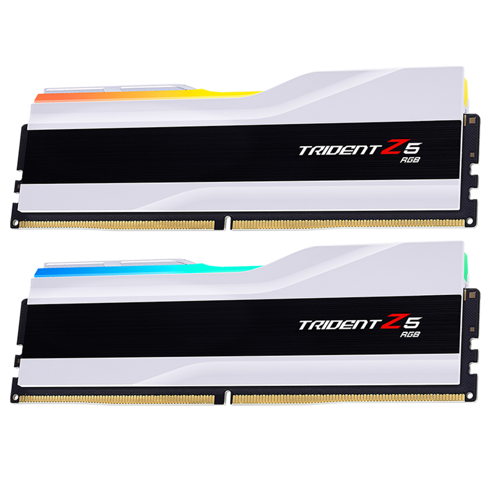 Siyah şeritli ve RGB aydınlatmalı iki beyaz RAM modülü.