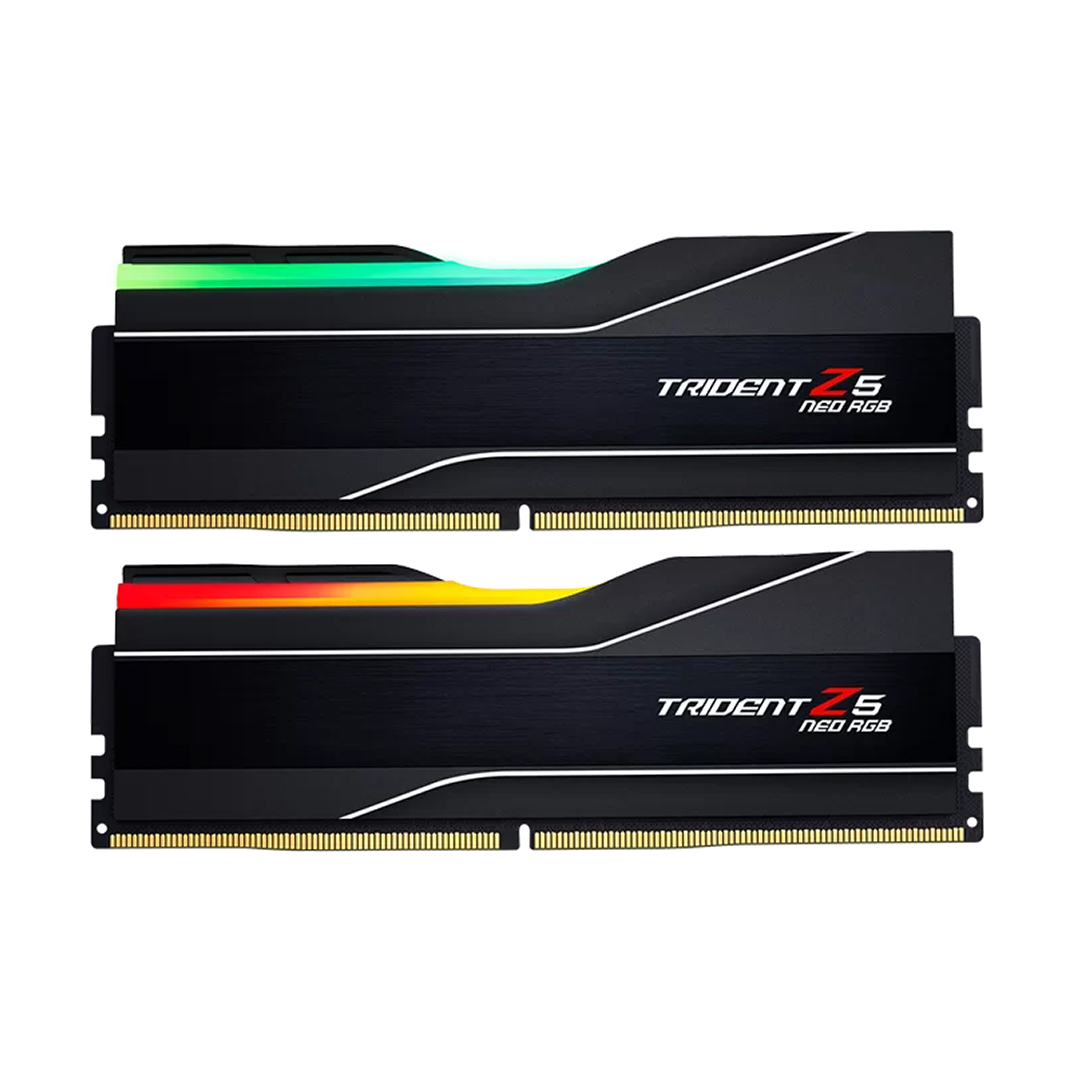 Yeşil ve kırmızı/sarı RGB aydınlatmalı iki siyah RAM modülü.