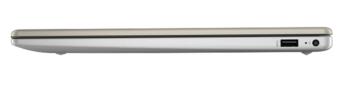 Widok z boku smukłego laptopa z portem USB i gniazdem słuchawkowym.