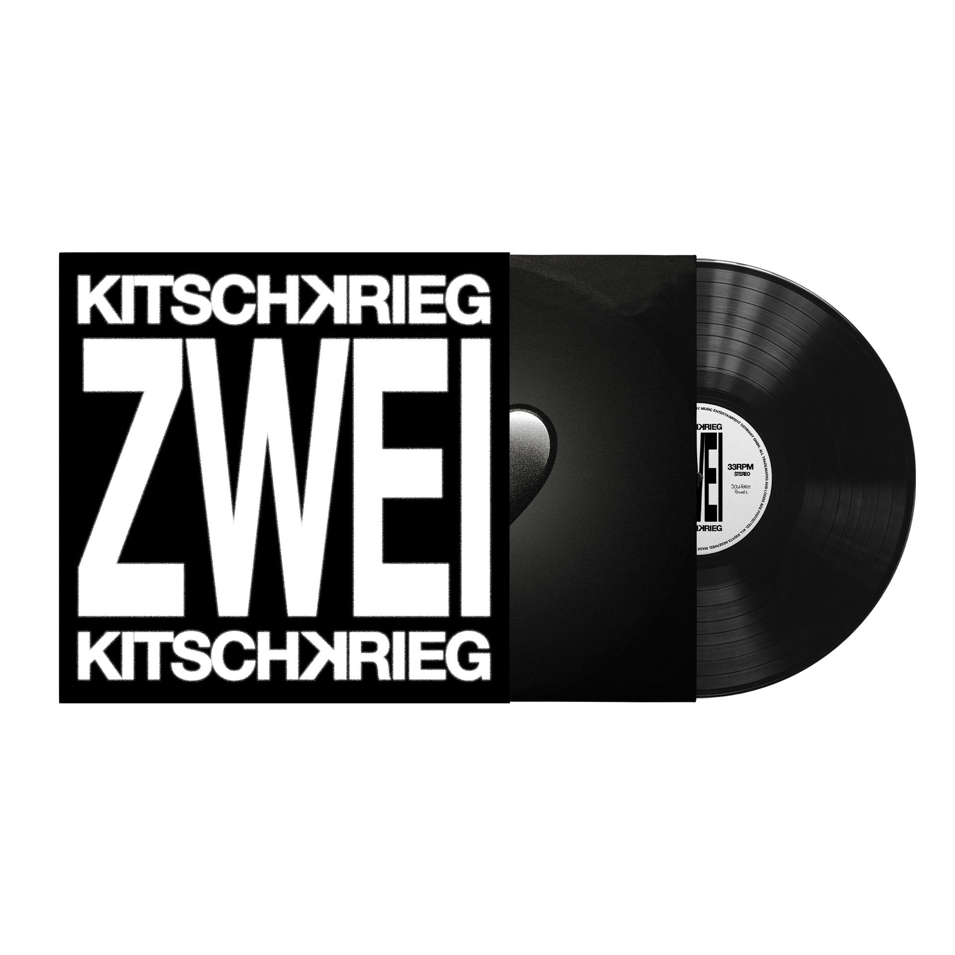 Schwarzes Vinyl-Schallplatte mit "ZWEI" und "KITSCHKRIEG" auf dem Cover.
