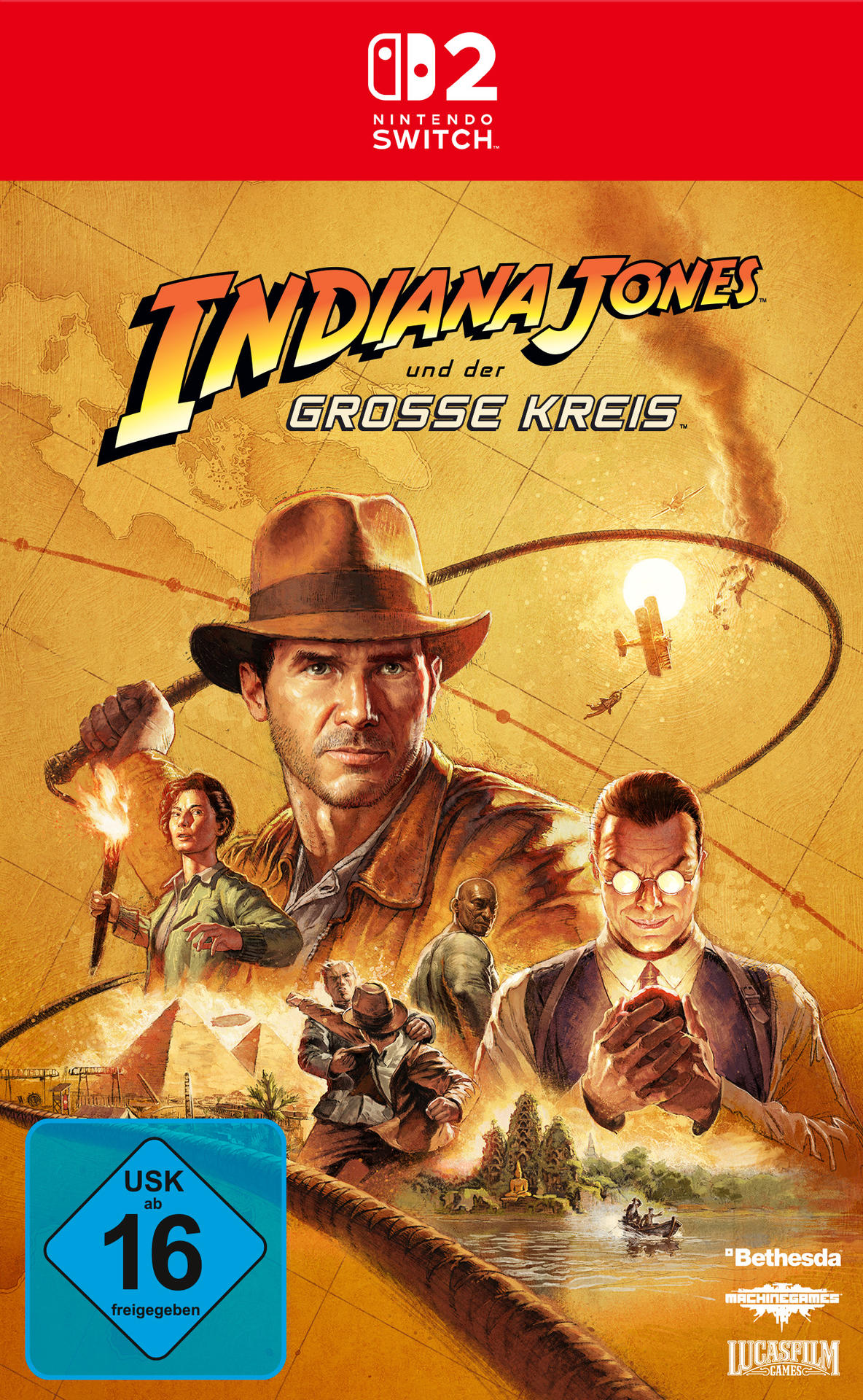 Indiana Jones auf der Nintendo Switch mit Abenteurern und Pyramiden.