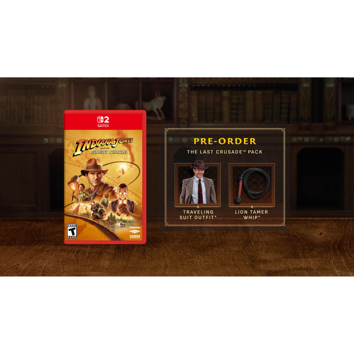 Indiana Jones Spiel für Switch, mit Outfit und Peitsche als Vorbestellerbonus.