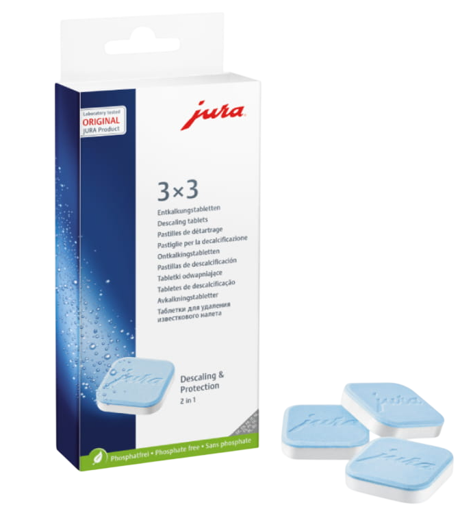 Jura Entkalkungstabletten Packung mit drei Tabletten daneben.