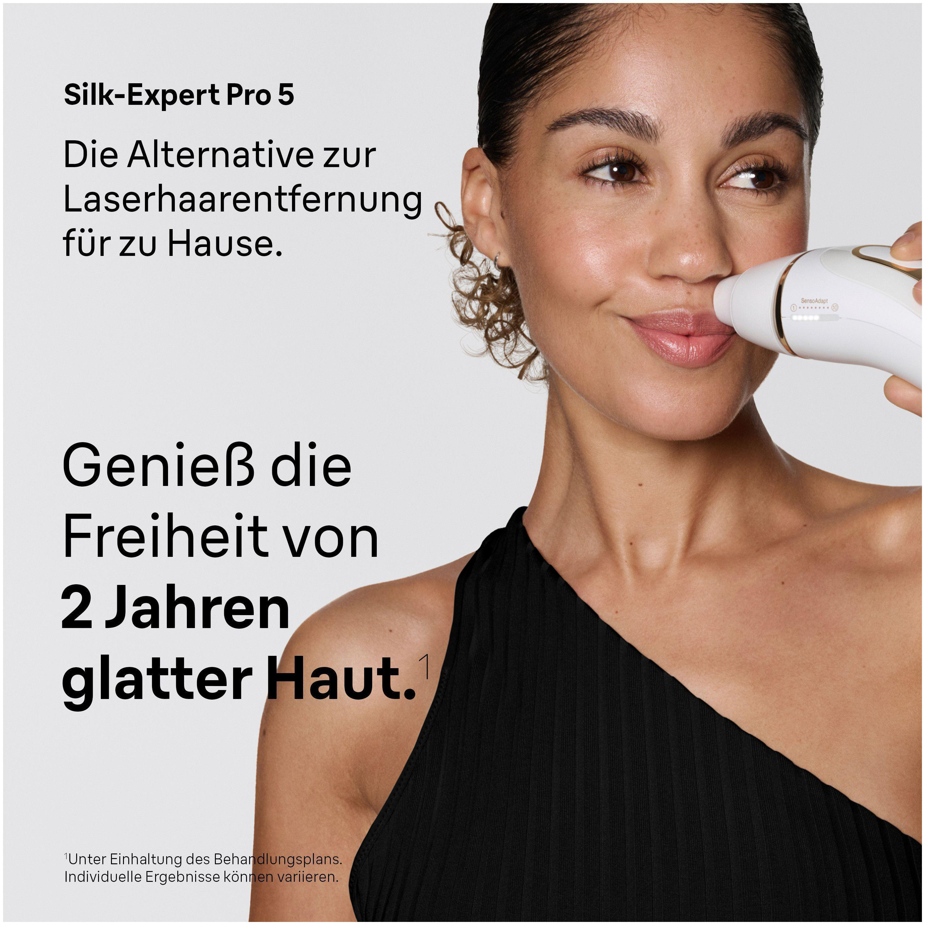 Eine Frau benutzt ein IPL-Haarentfernungsgerät im Gesicht.