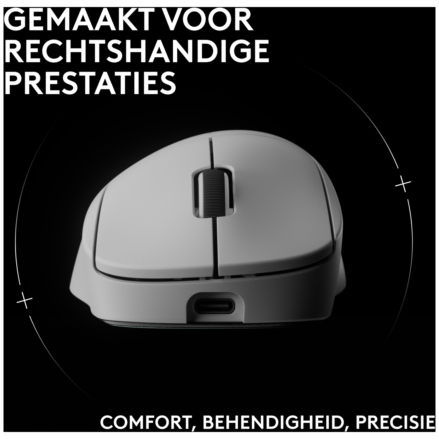 Een witte computermuis met scrollwiel en USB-C-poort op zwarte achtergrond.