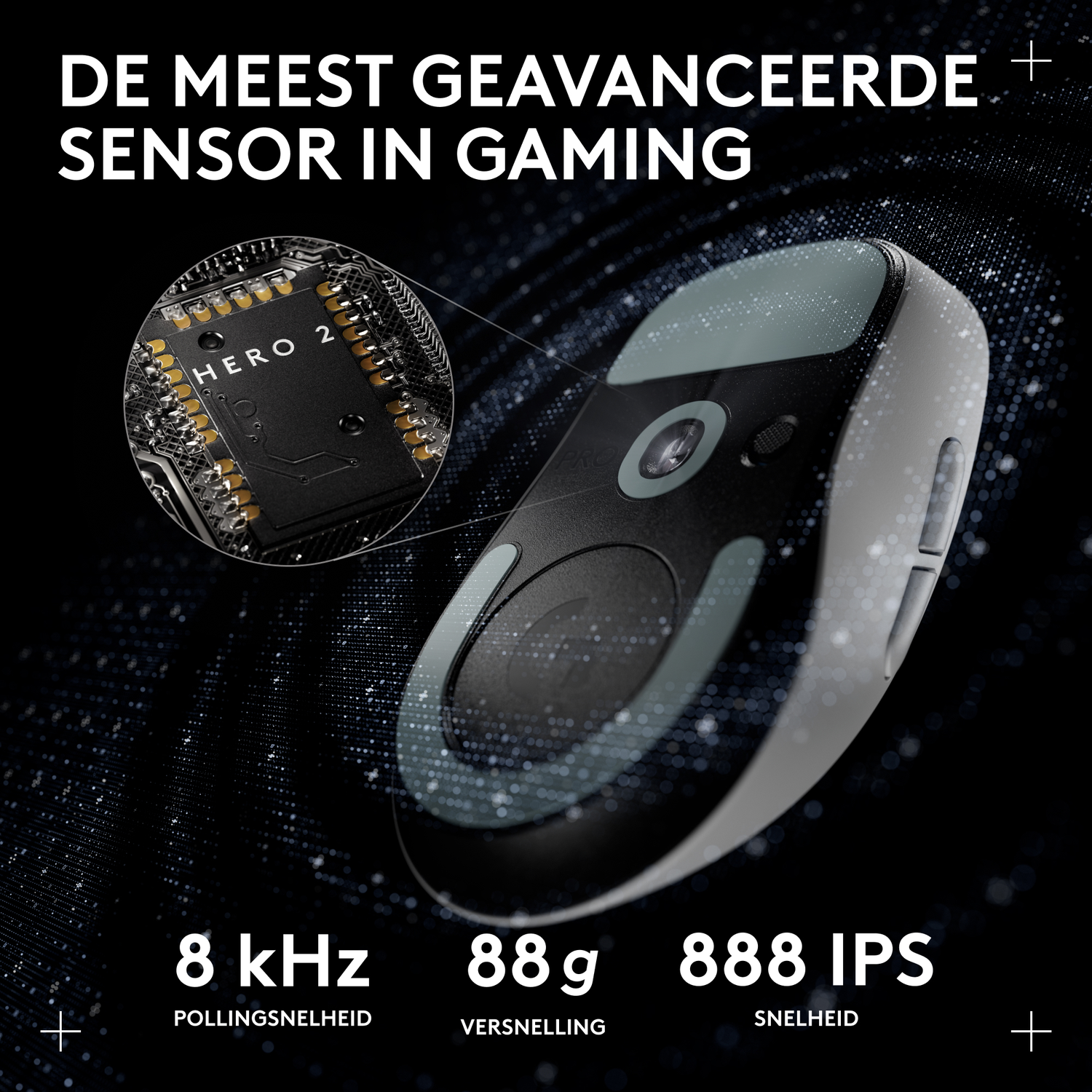 Gamingmuis met "HERO 2" sensor. 8 kHz, 88g, 888 IPS. Zwart/Grijs.