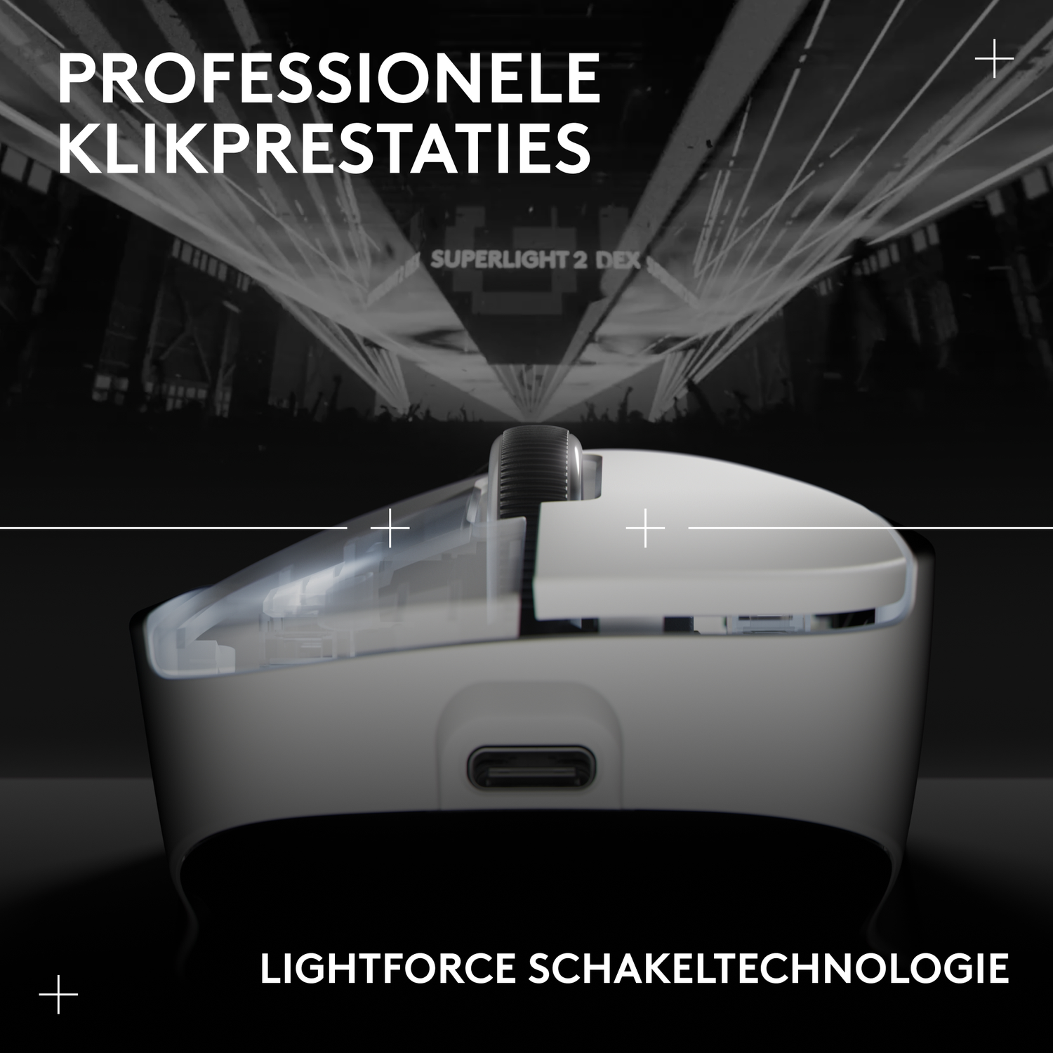 Witte gamingmuis met USB-C-poort, lasershow op achtergrond.