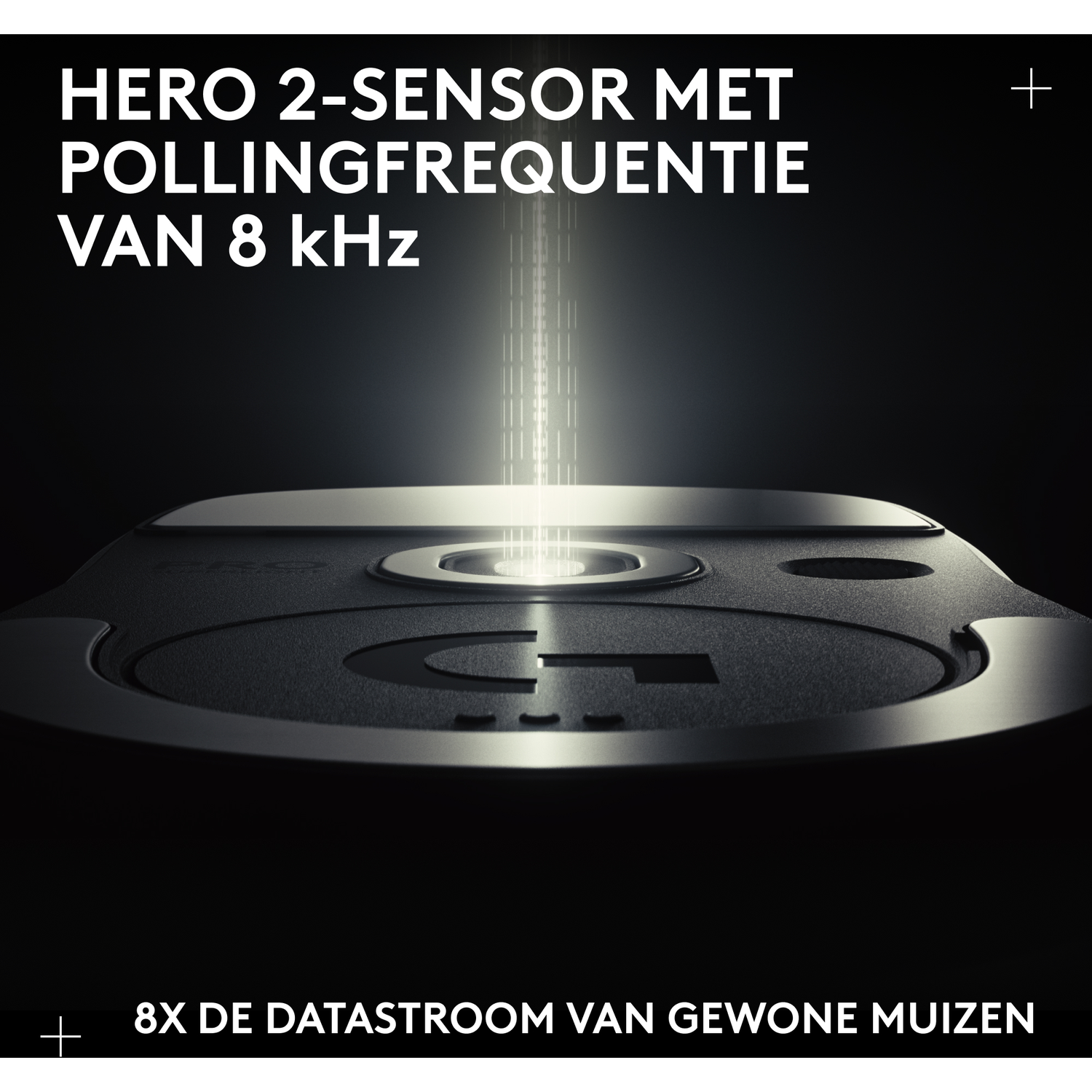 Close-up van de bovenkant van een muis met felle lichtbron en tekst.