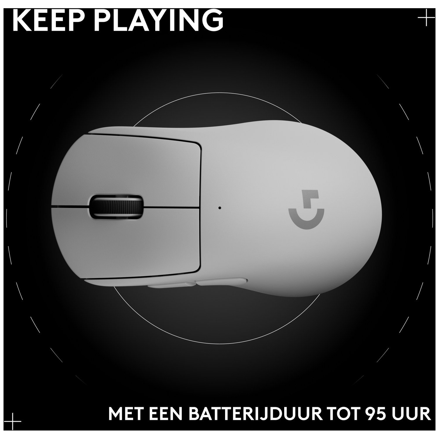 Een lichtgrijze draadloze gamingmuis met scrollwiel en Logitech-logo.