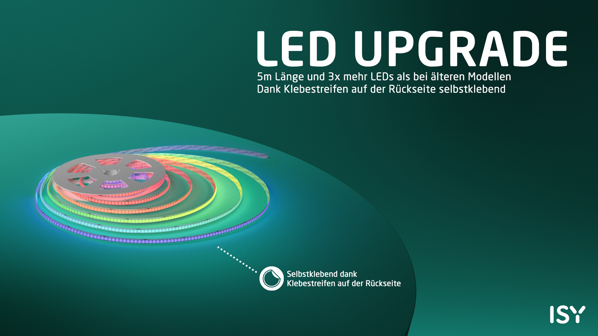 Eine Rolle mit bunten LED-Streifen, selbstklebend mit Klebestreifen.