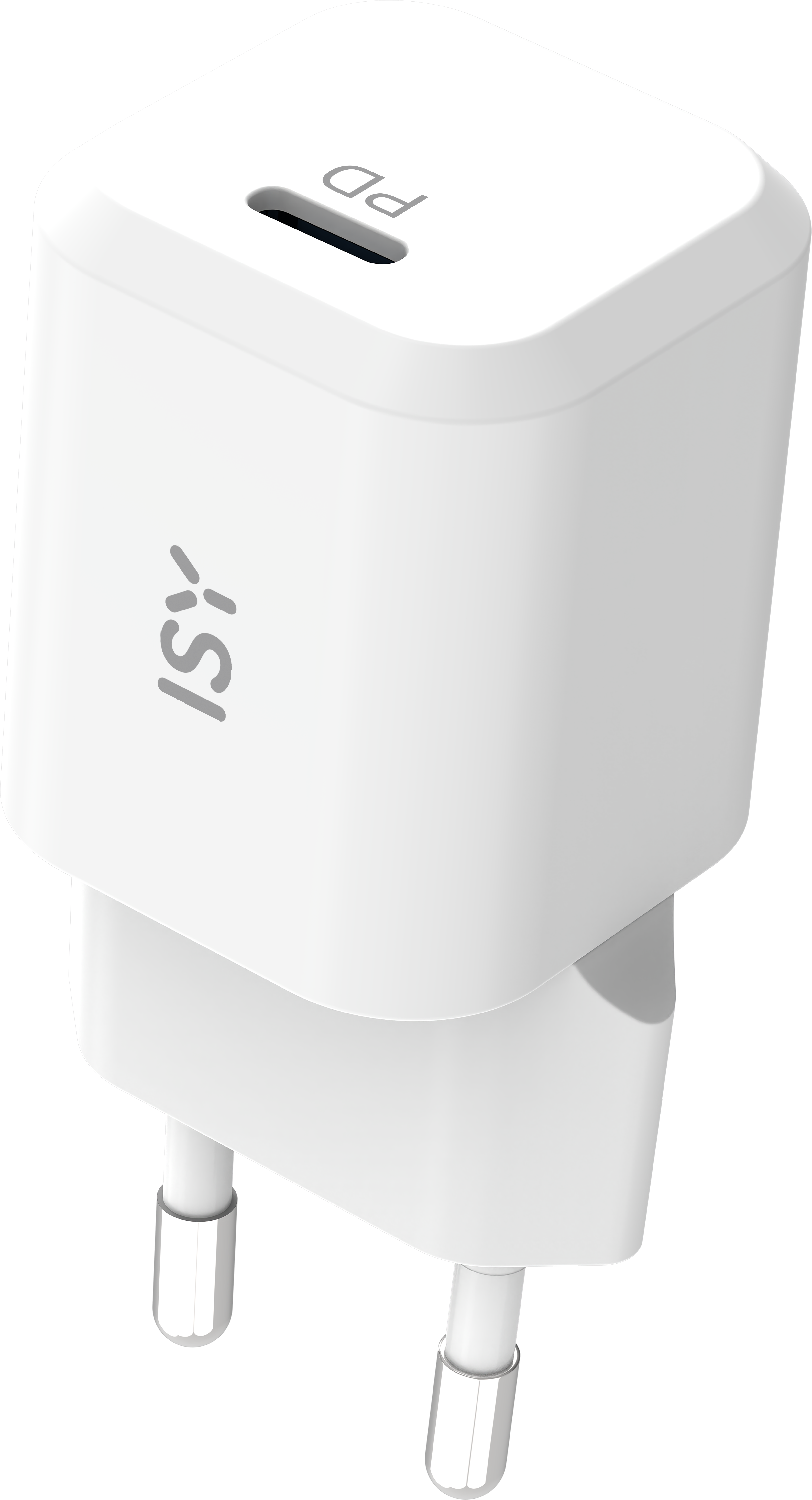 Adaptateur secteur USB-C PD blanc avec deux broches et logo ISY.