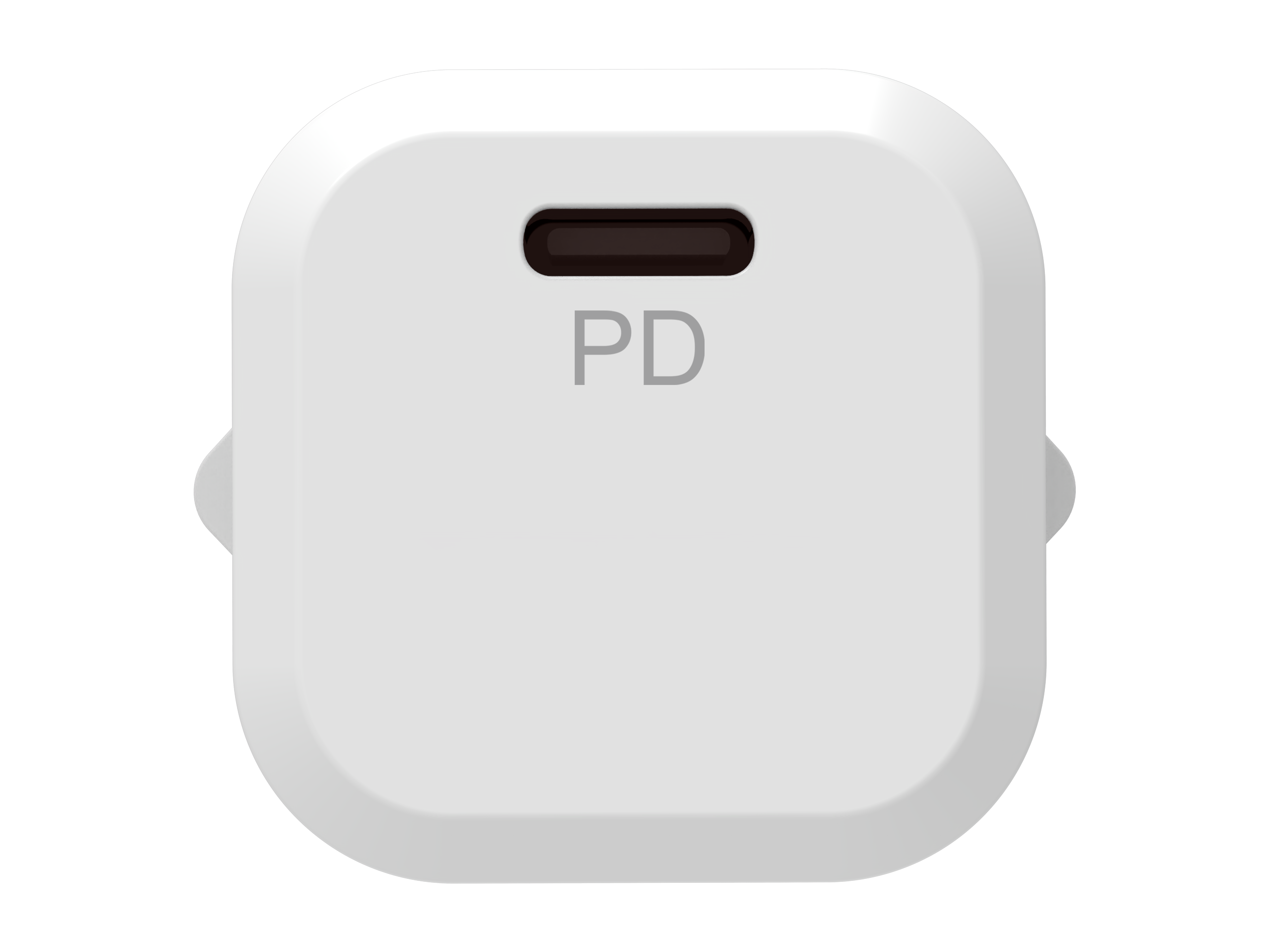 Un adaptateur de charge blanc avec logo PD et port USB-C.