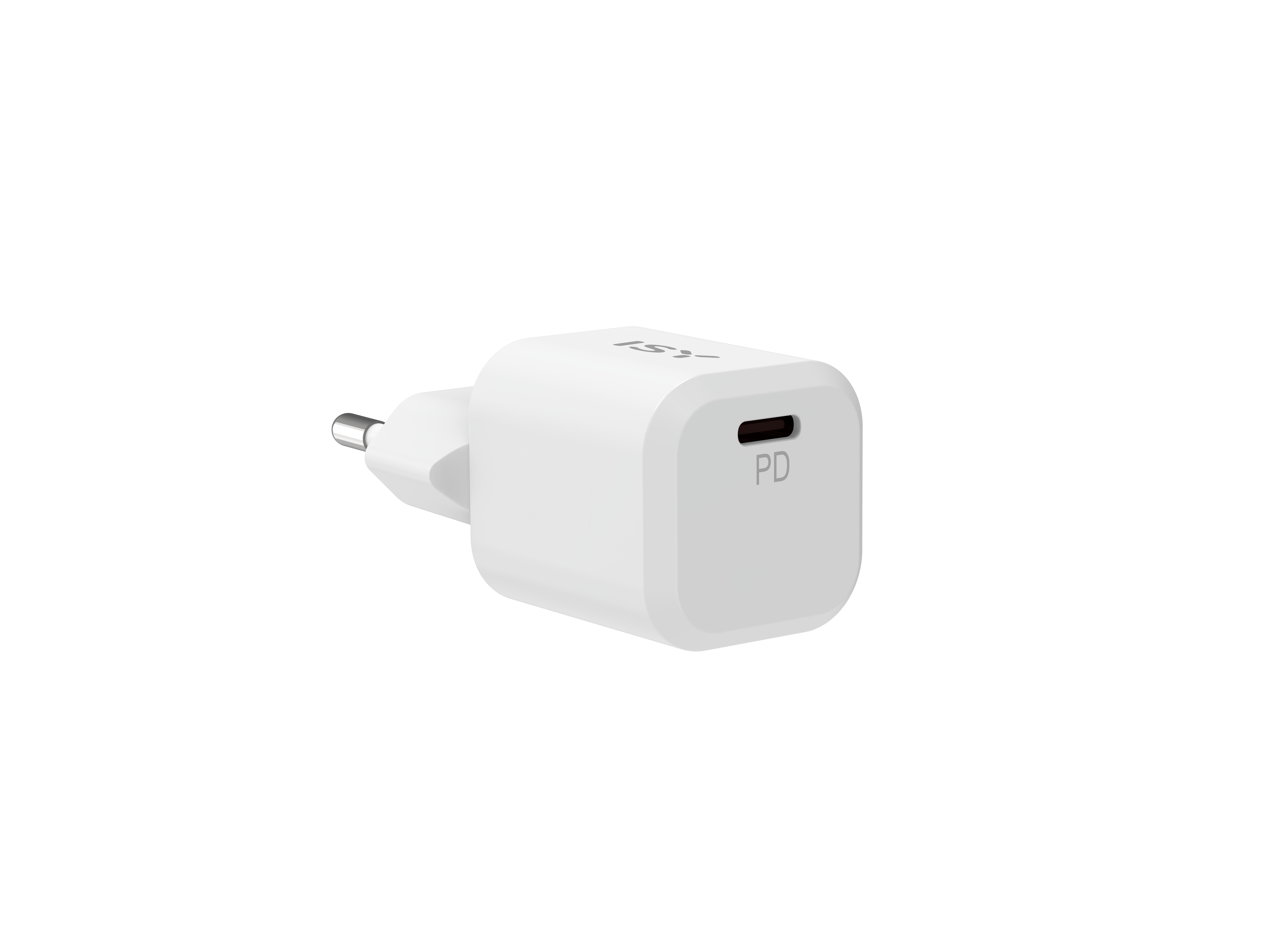 Un adaptateur secteur USB-C blanc avec marquage PD et prise argentée.