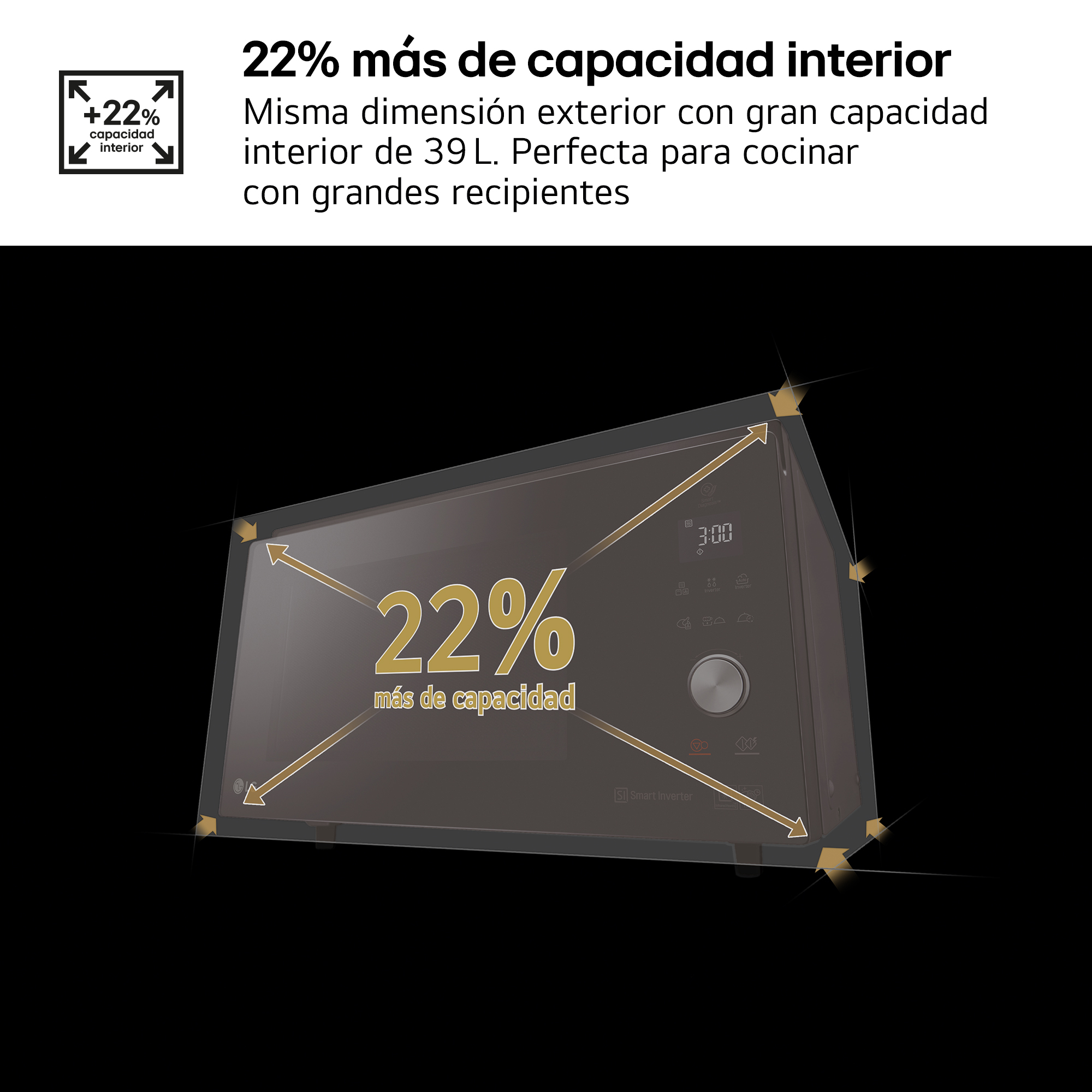 Microondas con 22% más capacidad interior, 39L. Acentos dorados.