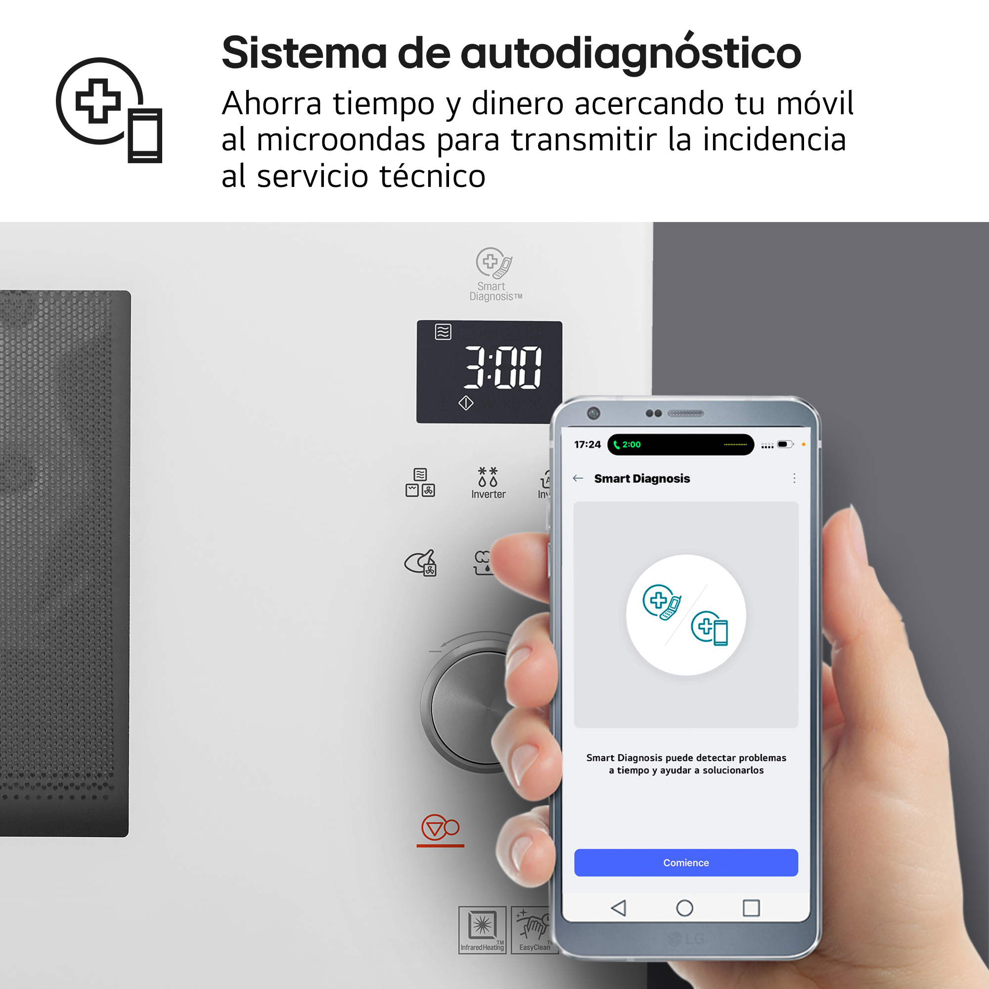 Un smartphone se sostiene frente a un microondas, mostrando la app "Smart Diagnosis".