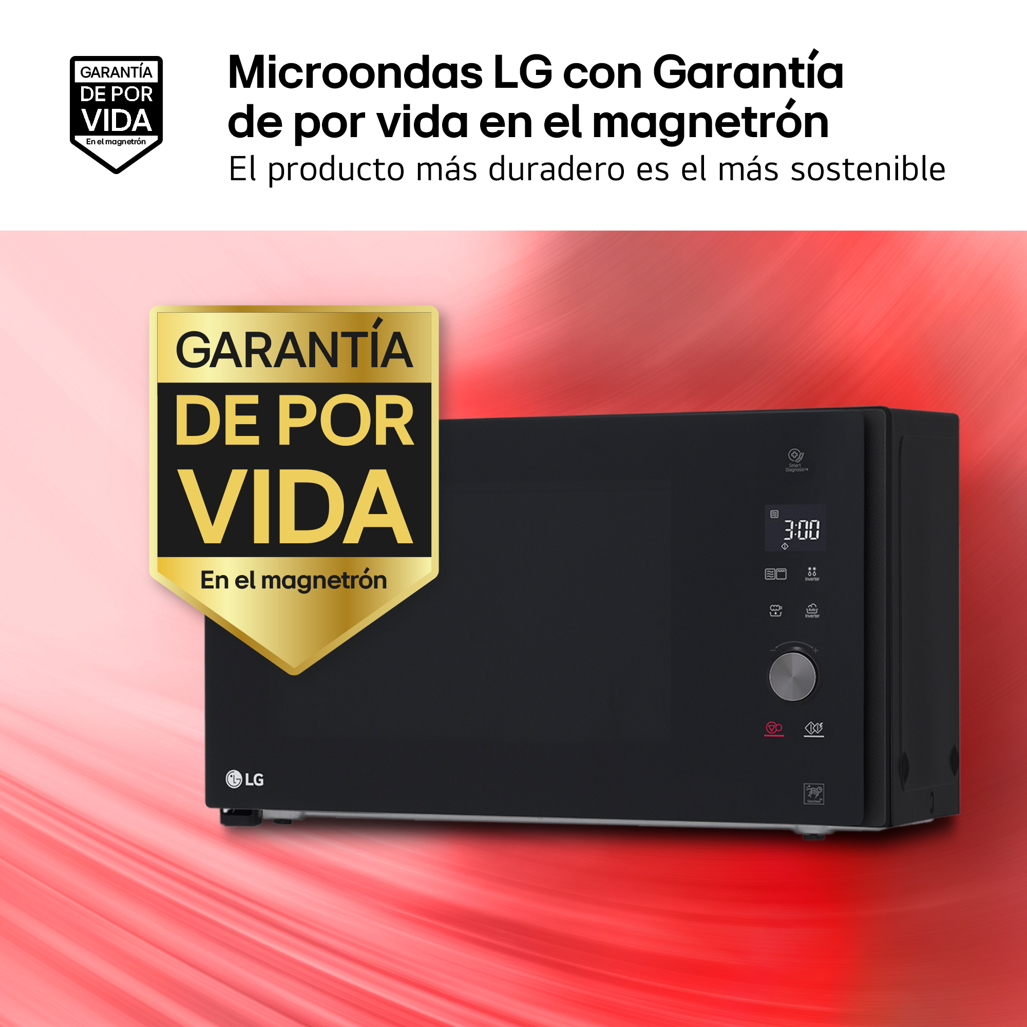Microondas LG negro con sello de garantía de por vida, display digital.