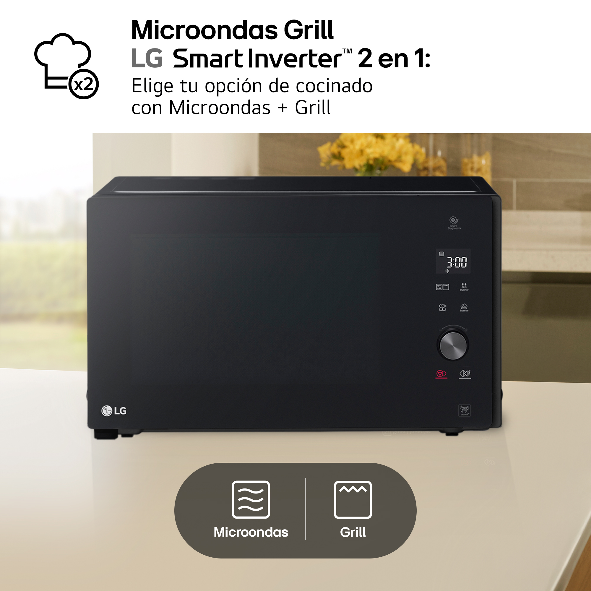 Microondas LG negra con grill, pantalla muestra 3:00.