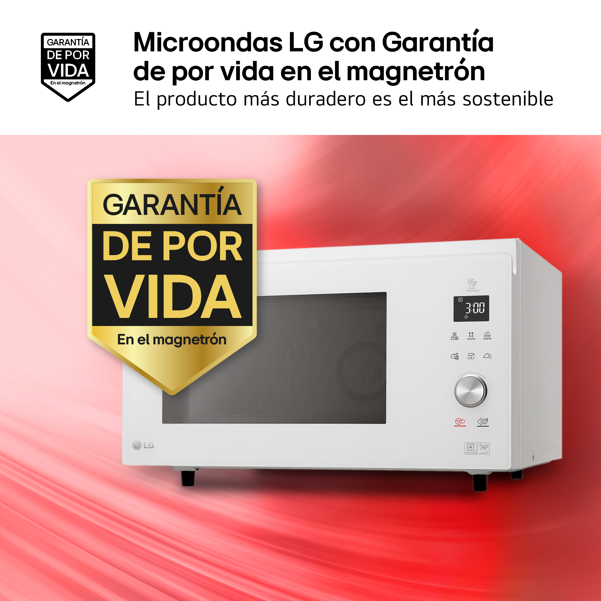Un microondas LG blanco con sello de garantía. Fondo rojo.