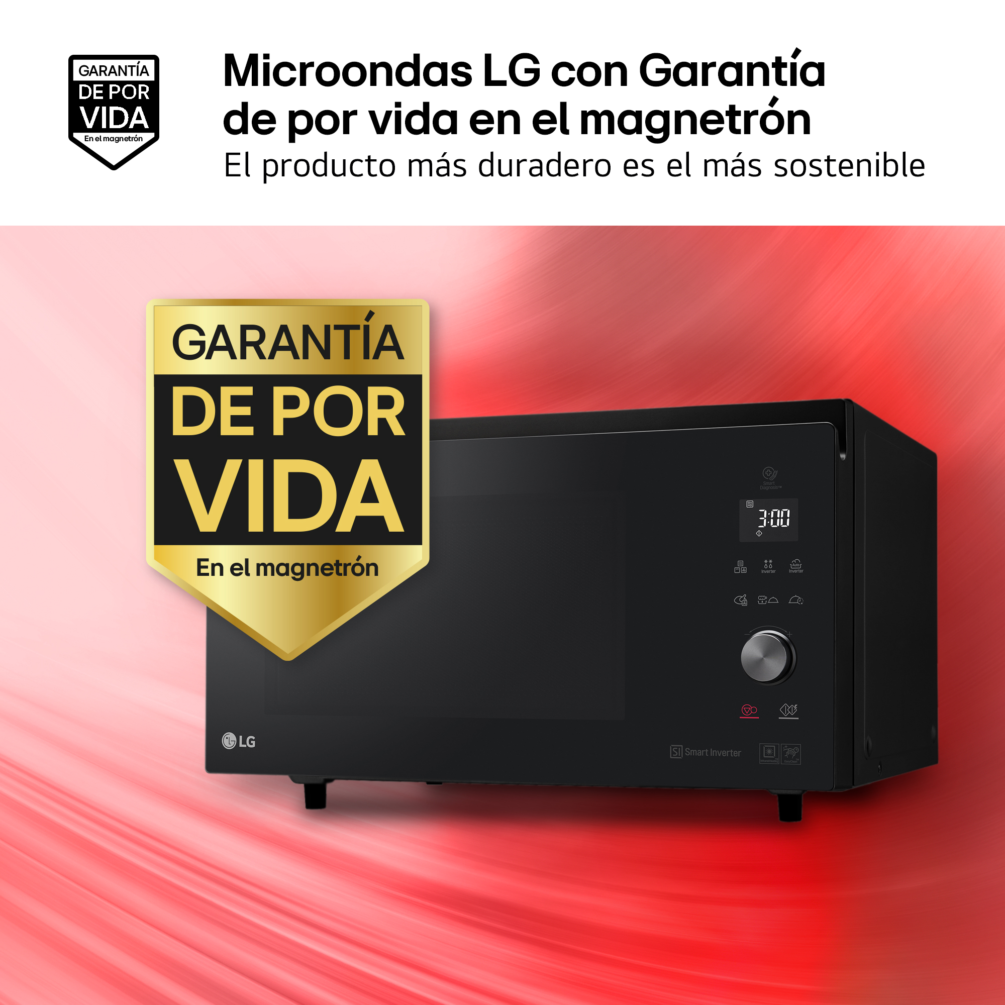 Microondas LG negro con garantía de por vida en el magnetrón. Fondo rojo.