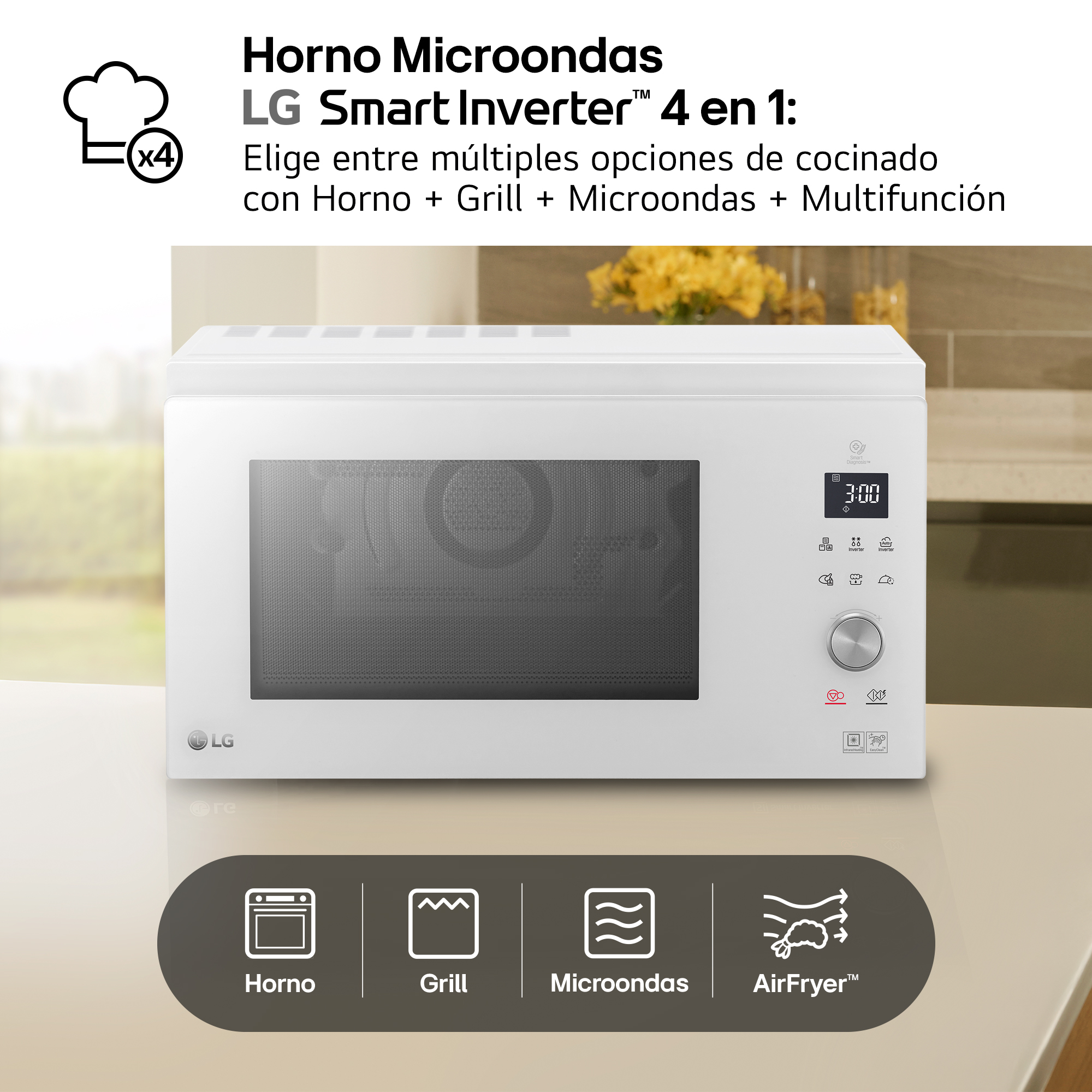 Un horno microondas LG Smart Inverter 4 en 1 blanco con funciones de cocción.
