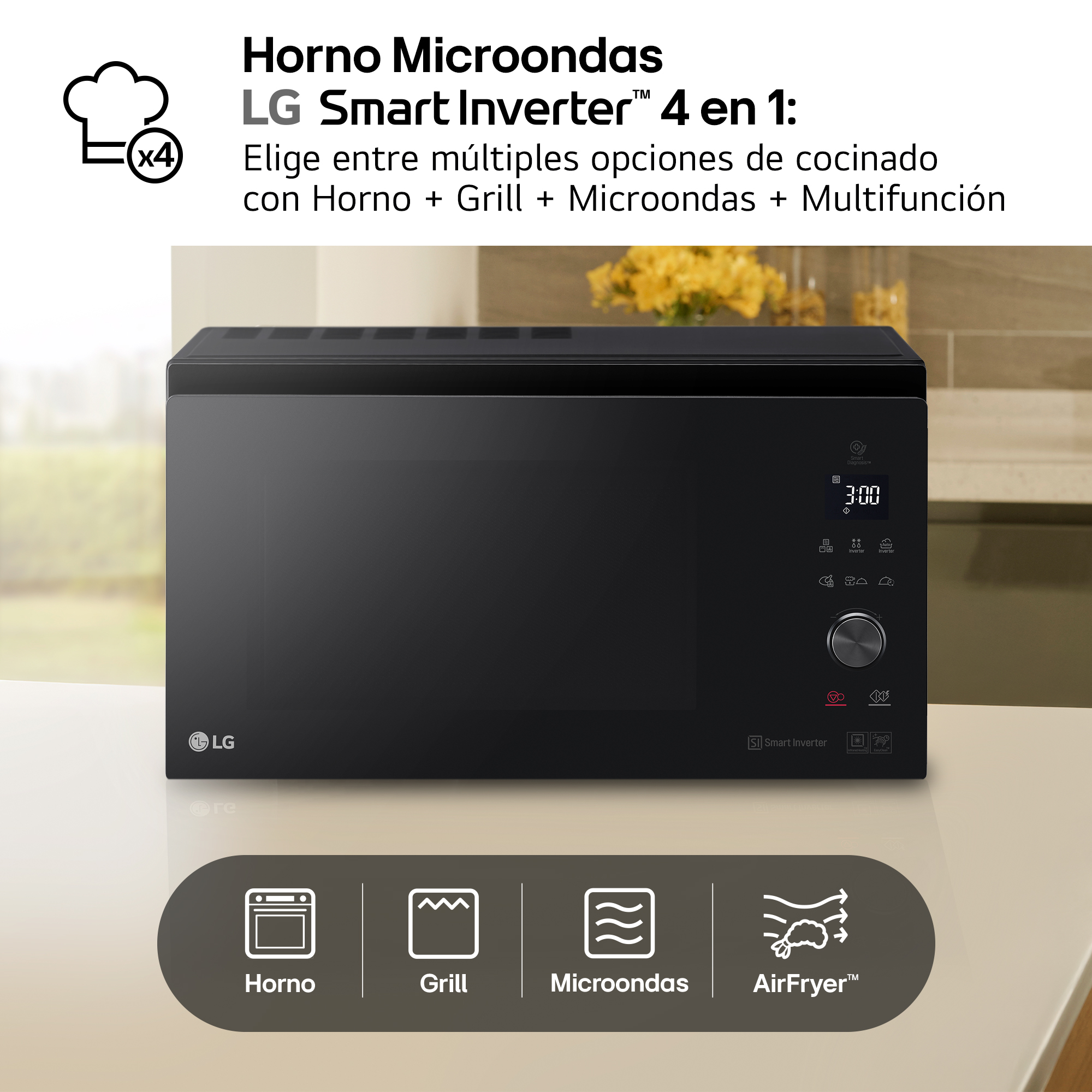 Microondas LG negro con panel de control mostrando iconos de horno, grill, microondas y freidora de aire.