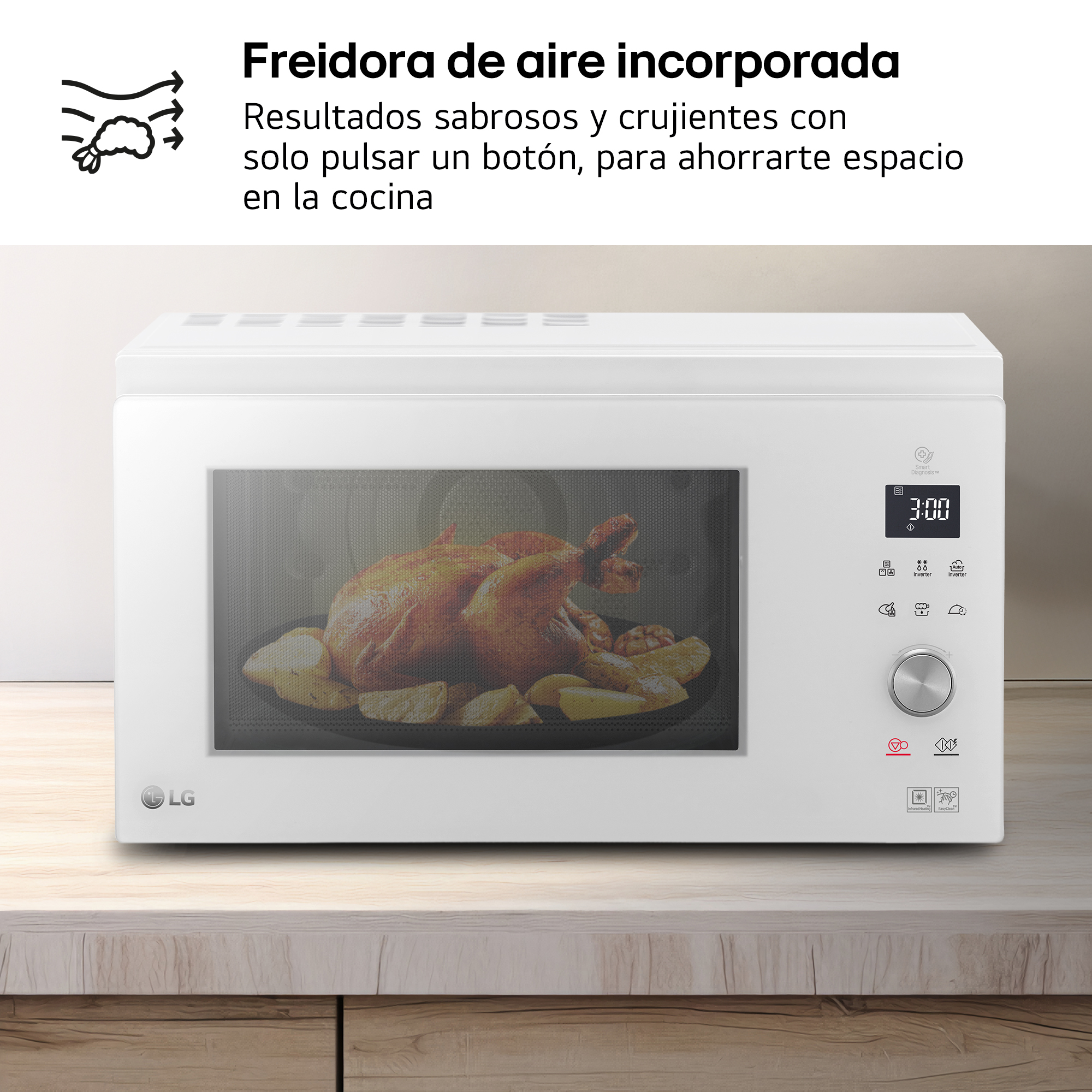 Un microondas blanco con un pollo asado y patatas dentro.