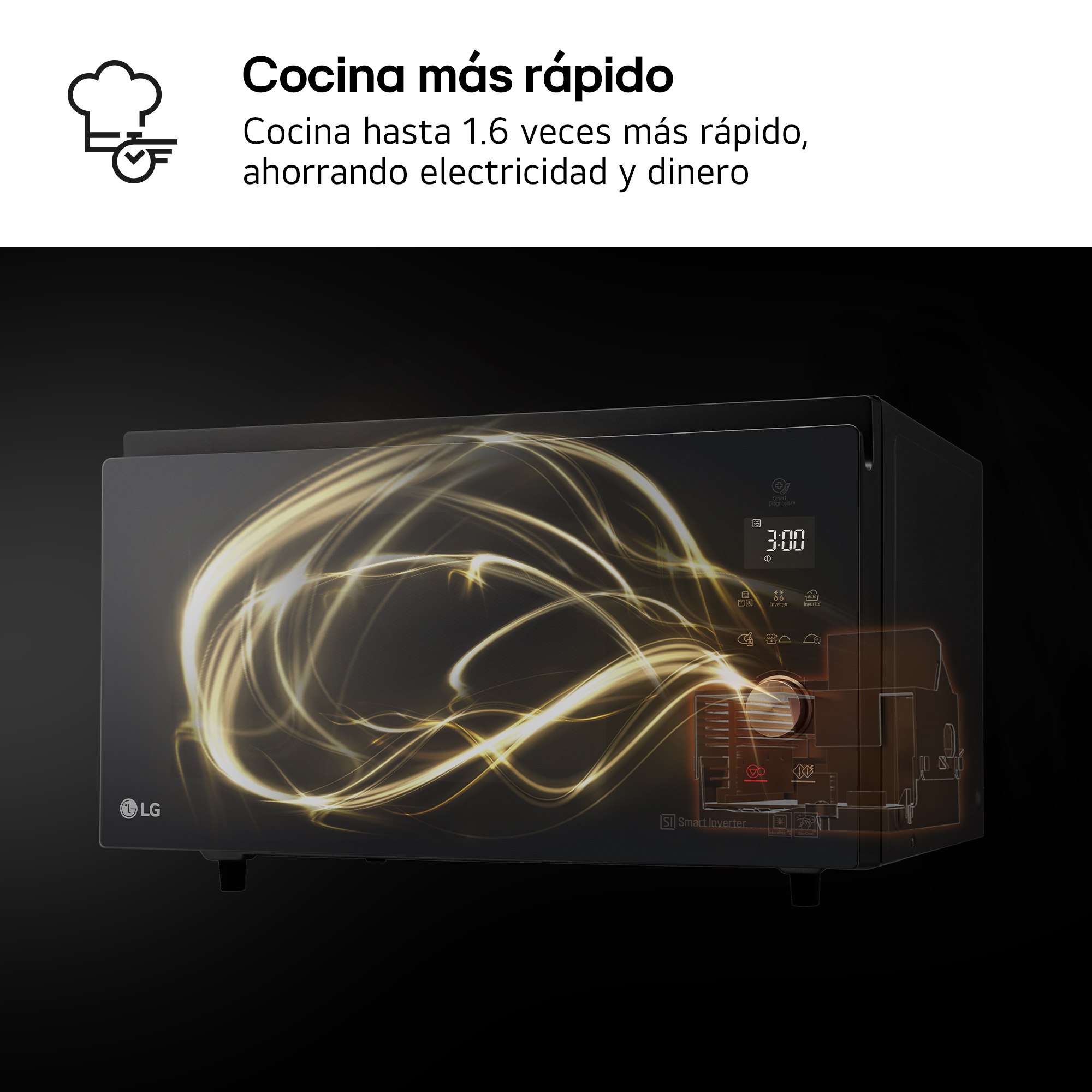 Una pantalla de microondas LG negra con efectos de luz amarilla y diagramas técnicos.