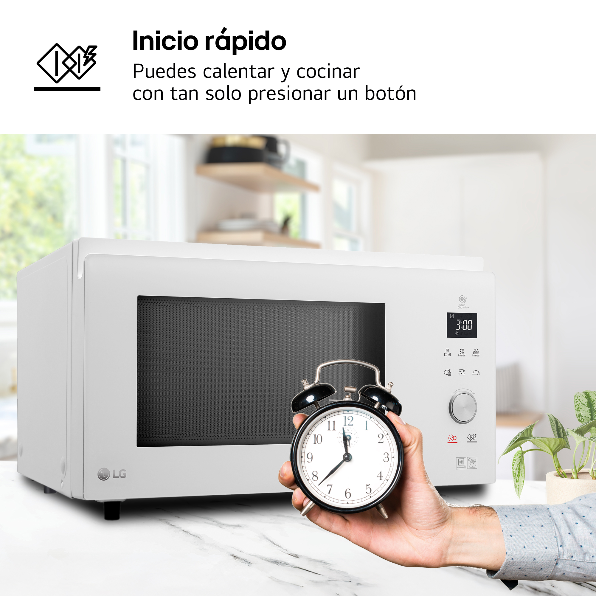 Un microondas LG blanco con un despertador en la mano. Inicio rápido.